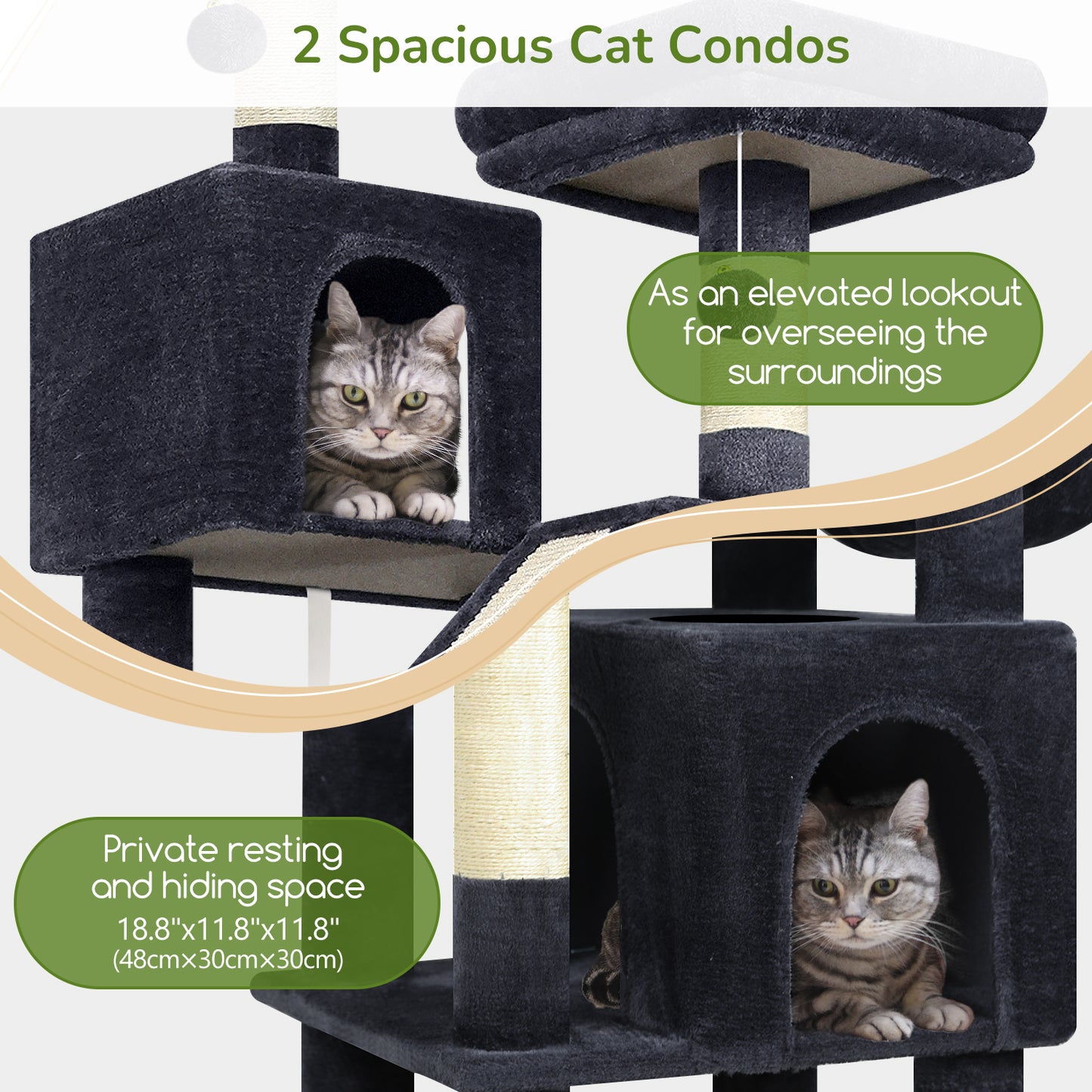 Globlazer 74in Heavy Duty Cat Tree for Large Indoor Cats, Multi-Level Cat Tower with 5 Sisal Scratching Posts, 2 Cozy Condos, Hammock, Top Perches, Climbing Ramp and Pet Bed, F74D, Dark Grey