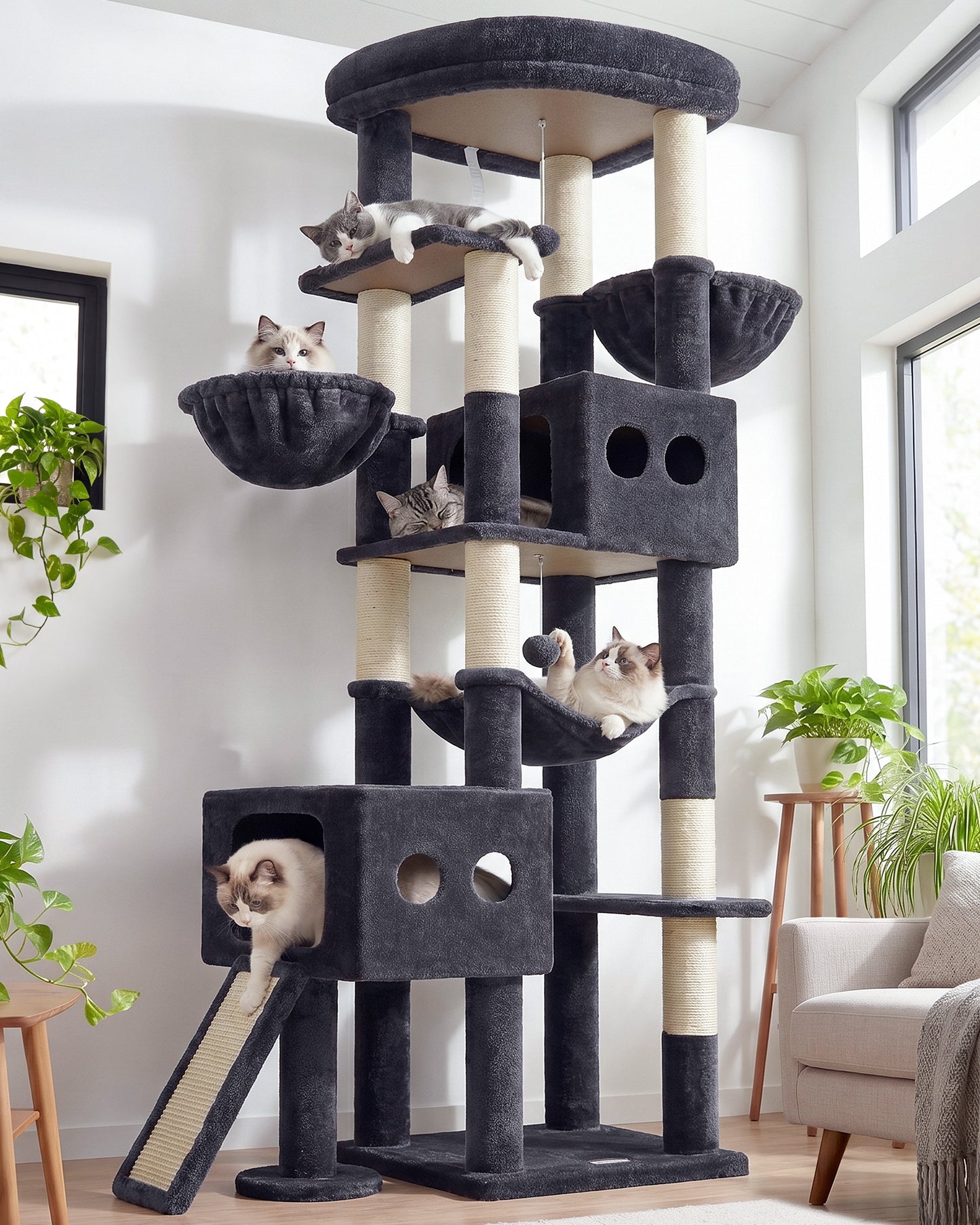 Globlazer Cat Tower for Large Cats, 81 inch Cat Tree for Indoor Cats Large Adult, Tall Cat Tower with 2 Condos, 2 Baskets, Hammock, Large Perch, 8 Sisal Posts, Scratching Board, S81G, Dark Grey