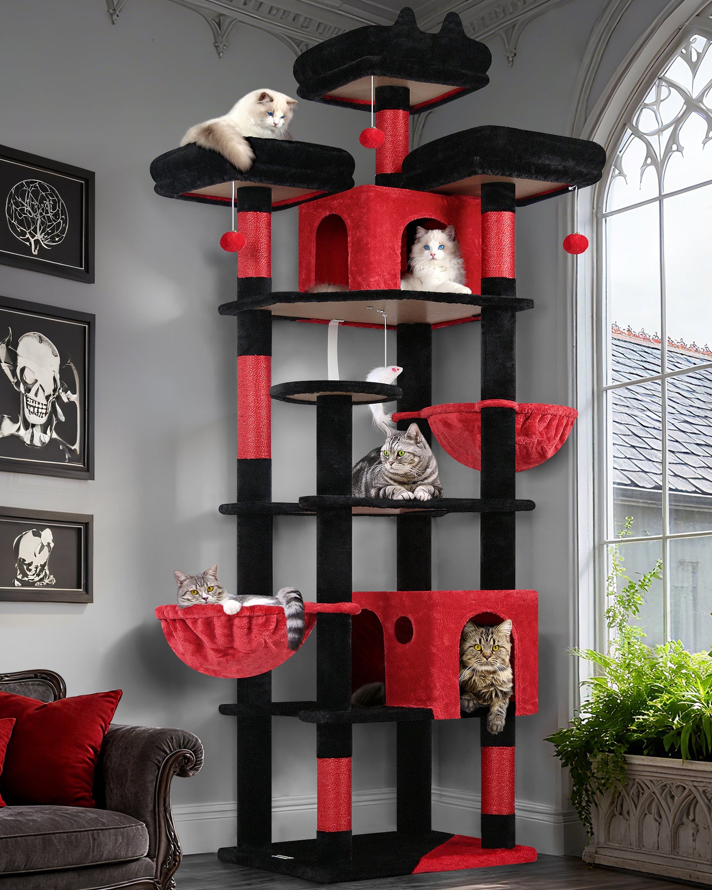 Globlazer Gothic Cat Trees and Towers for Multiple Adult Cats, 82-inch XXL Tall Goth Cat Tree Tower for Indoor Cats with Scratching Post, 3 Perches, 2 Condos, 2 Hanging Baskets, F82, Black Red