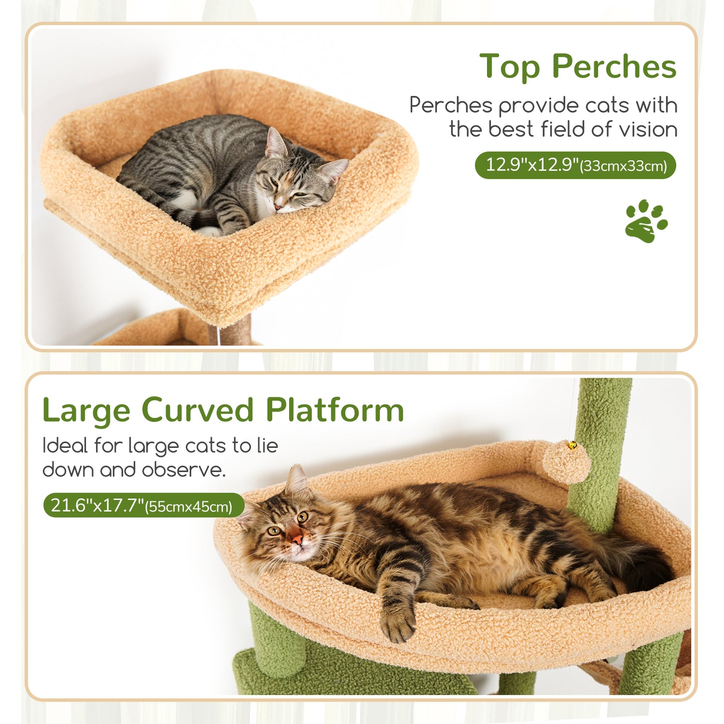 Globlazer Extra Large Catus Cat Tree Tower for Indoor Cats Large Adult, 80in Tall Heavy Duty Cat Tree with 3 Spacious Cat Condos, Oversized Fan-Shaped Perch, 6 Sisal Scratching Posts, S80, Green