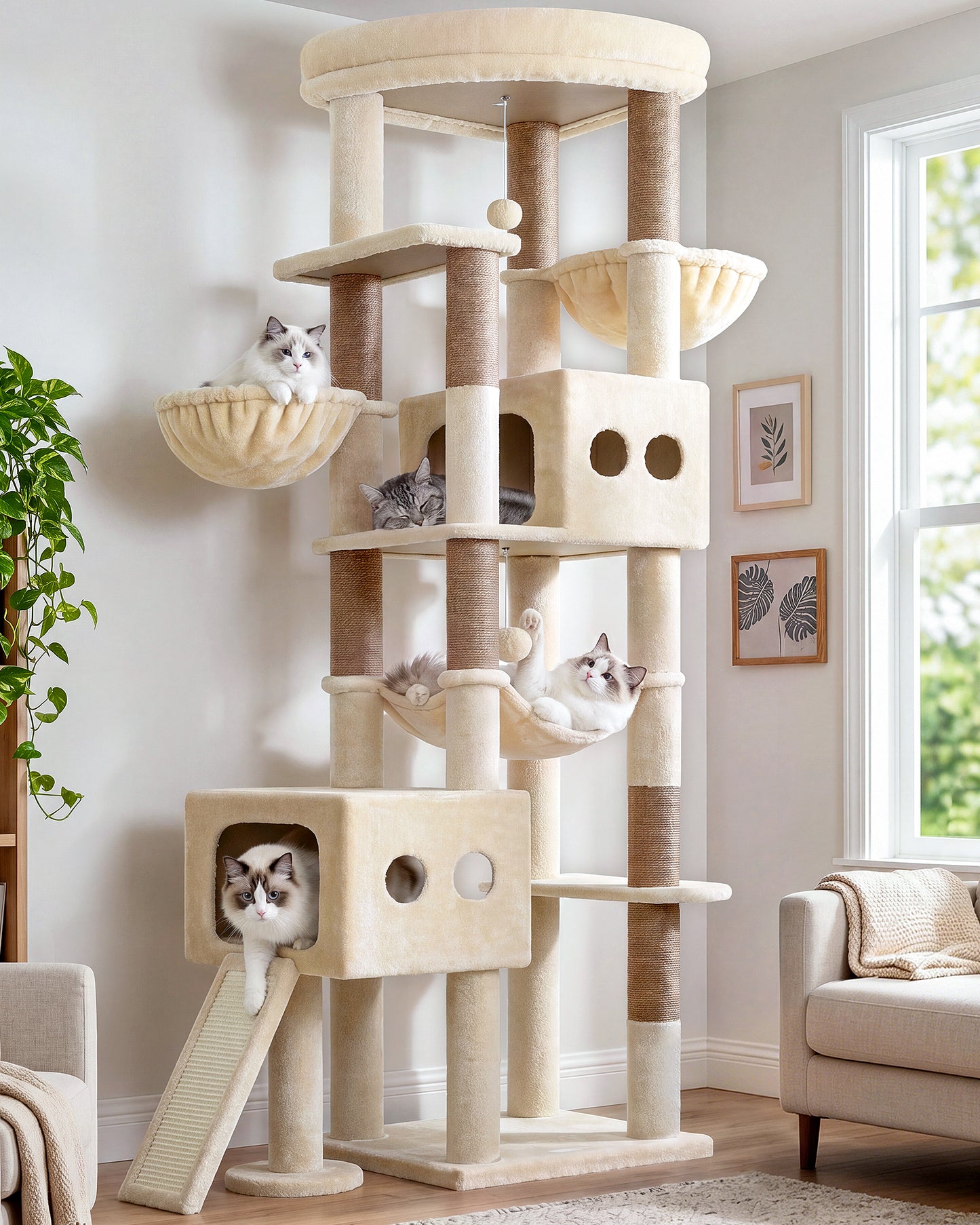 Globlazer Cat Tower for Large Cats, 81 inch Cat Tree for Indoor Cats Large Adult, Tall Cat Tower with 2 Condos, 2 Baskets, Hammock, Large Perch, 8 Sisal Posts, Scratching Board, S81G, Beige