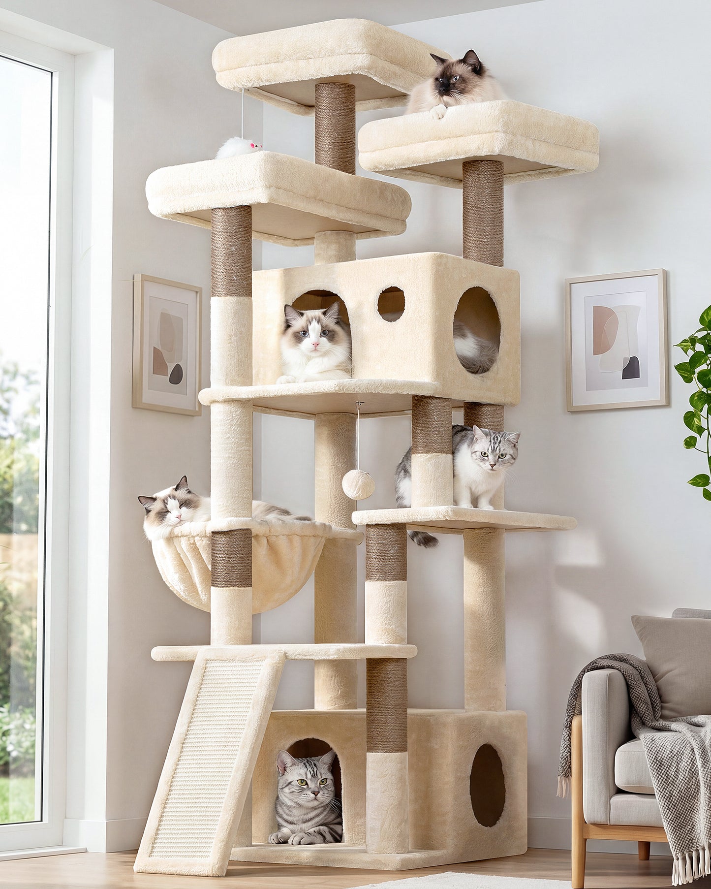 Globlazer Heavy Duty Cat Tree, 73inch Sturdy Cat Tower with Scratching Post for Indoor multiple Cats, Maine Coon Cat Tree with 3 Cat Perch, Basket, 2 Cat Condo for Adult Cats Kittens, F73C, Beige