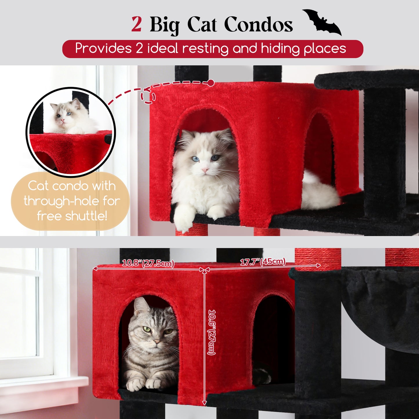 Globlazer Extra Large Gothic Cat Tree Tower, 82in Tall Goth Heavy Duty Cat Tree for Indoor Cats Large Adult Big Cat Tower with 8 Scratching Posts, 2 Condos, 2 Perches, 3 Basket Beds, S82, Red Black