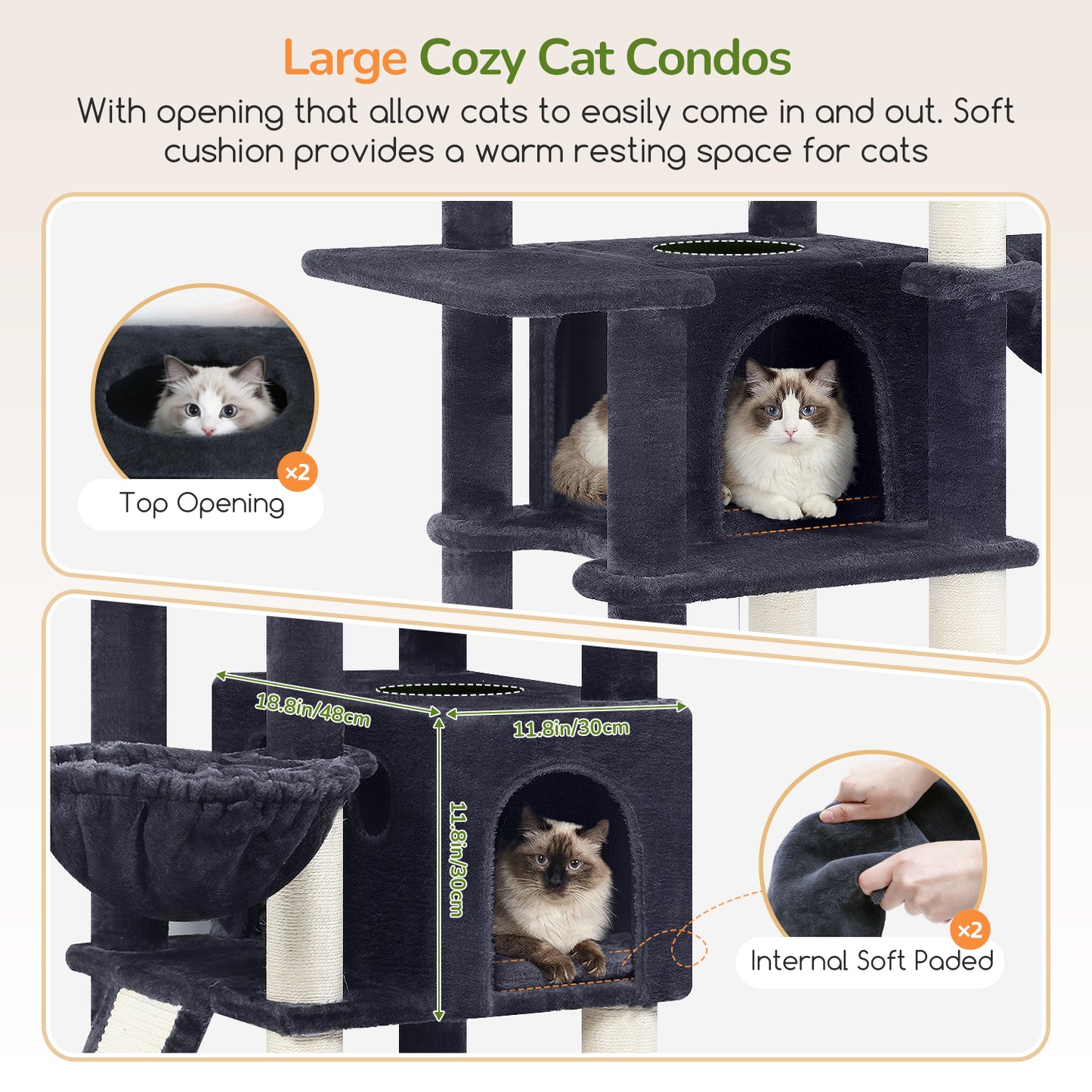 Globlazer Extra Large Cat Tree, 78 inch Sturdy Tall Cat Tree Tower for Indoor Multiple Large Adult Cats Kittens with 6 Scratching Posts, Enlarged Top Perch, 2 Padded Condos, S78G, Dark Grey