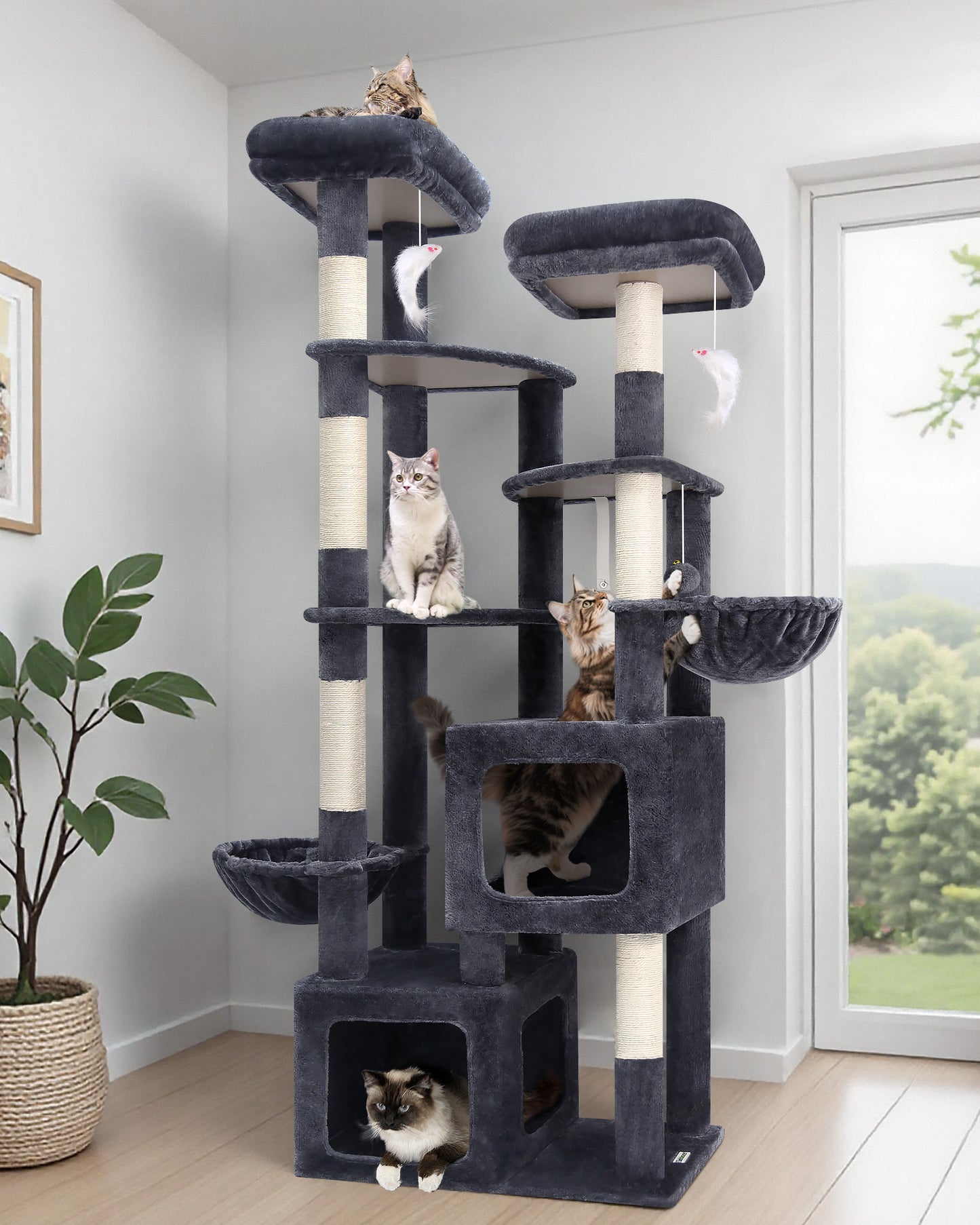 Globlazer 74In Sturdy Cat Tree for Large Cats, Heavy Duty Multi-Level Tall Cat Tree Tower for Multiple Indoor Adult Cats with Scratching Posts, 2 Cat Condos, 2 Top Perches, S74E, Dark Grey