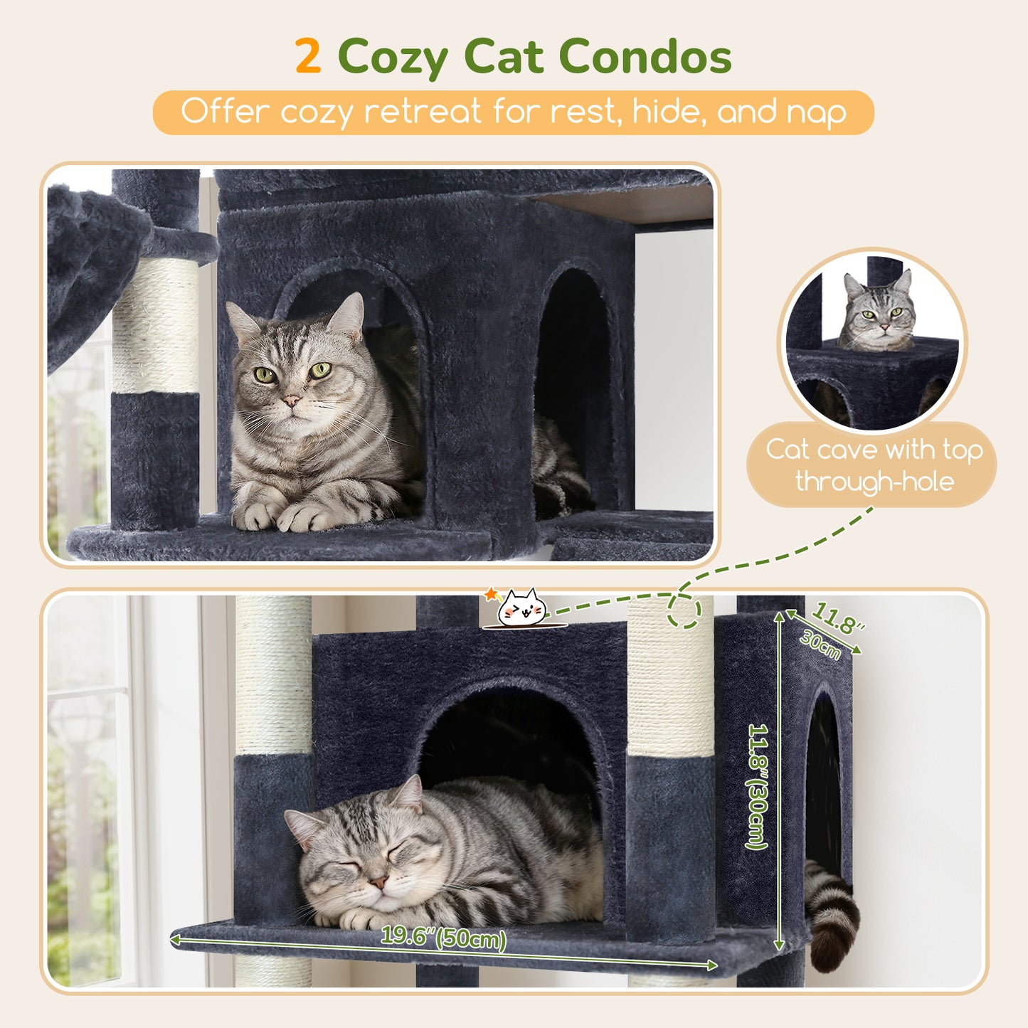 Globlazer Large Cat Tree Tower, 80inch XXL Tall Cat Tree for Multiple Indoor Cats Large Adult Kittens with Scratching Posts and Board, 3 Soft Baskets, 2 Plush Perches, 2 Cozy Condos, S80G, Dark Grey