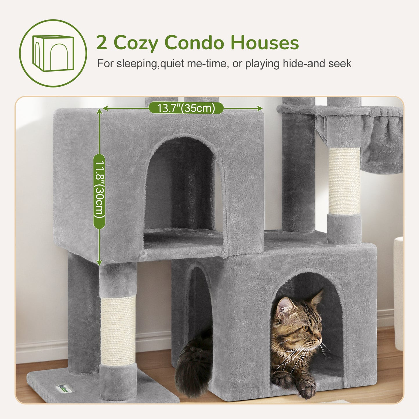 Globlazer Cat Tower for Indoor Cats, 52in Multi-Level Cat Tower with 5 Sisal Scratching Posts, Cat Tree House with 2 Padded Perches, 2 Cozy Condos, Big Hanging Basket, Hanging Toys, S52, Light Gray