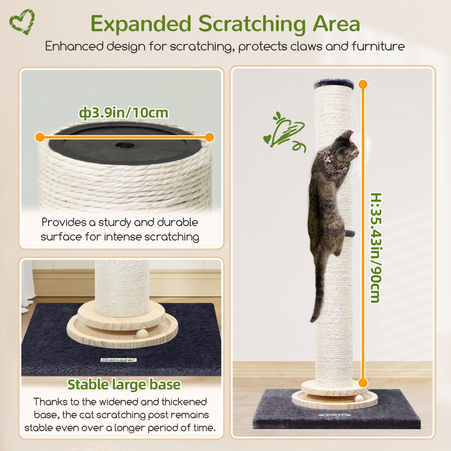 Globlazer Extra Thick Large Scratching Post for Indoor Cats Adults and Kittens, 35in Tall Natural Sisal Rope Scratcher Post, Large Cat Scratcher with Ball Interactive Toy, SC35, Dark Grey