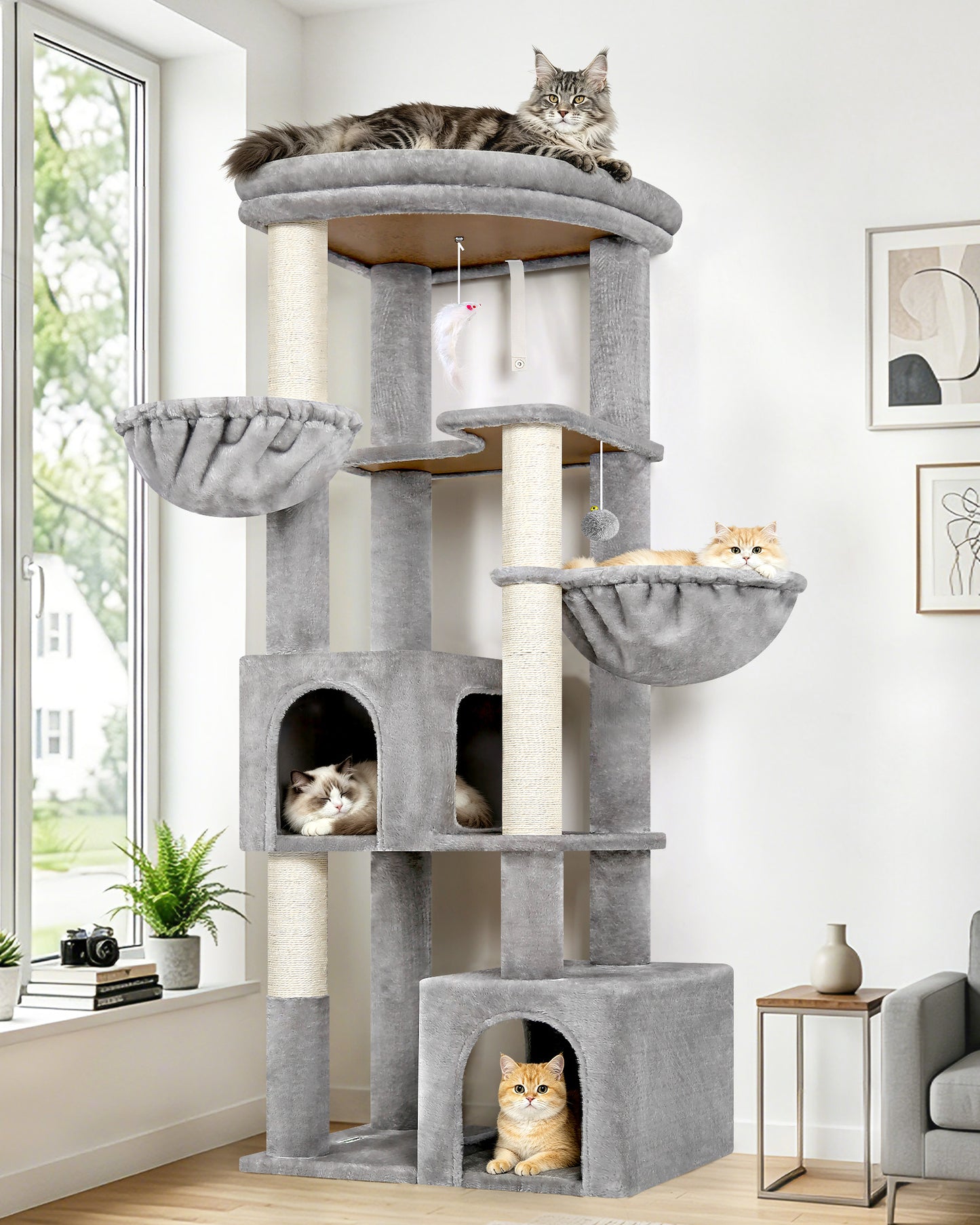 Globlazer Corner Cat Tree for Large Indoor Cats, 64in Space Saving Cat Tower with Enlarged Top Perch, 4 Scratching Posts, Multi-Level Cat Tree Tower with 2 Condos, 2 Hammocks, C64, Light Grey
