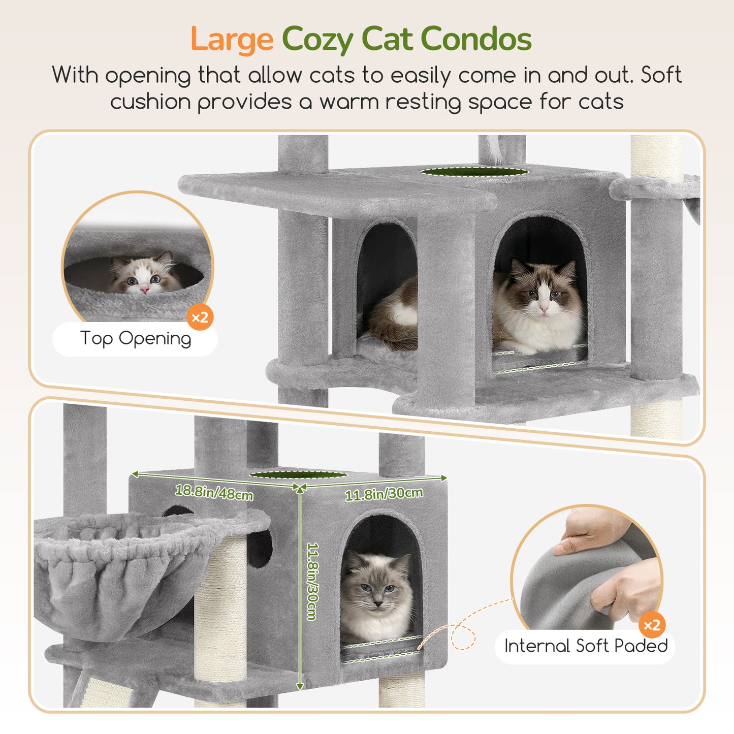 Globlazer Extra Large Cat Tree, 78 inch Sturdy Tall Cat Tree Tower for Indoor Multiple Large Adult Cats Kittens with 6 Scratching Posts, Enlarged Top Perch, 2 Padded Condos, S78G, Light Grey