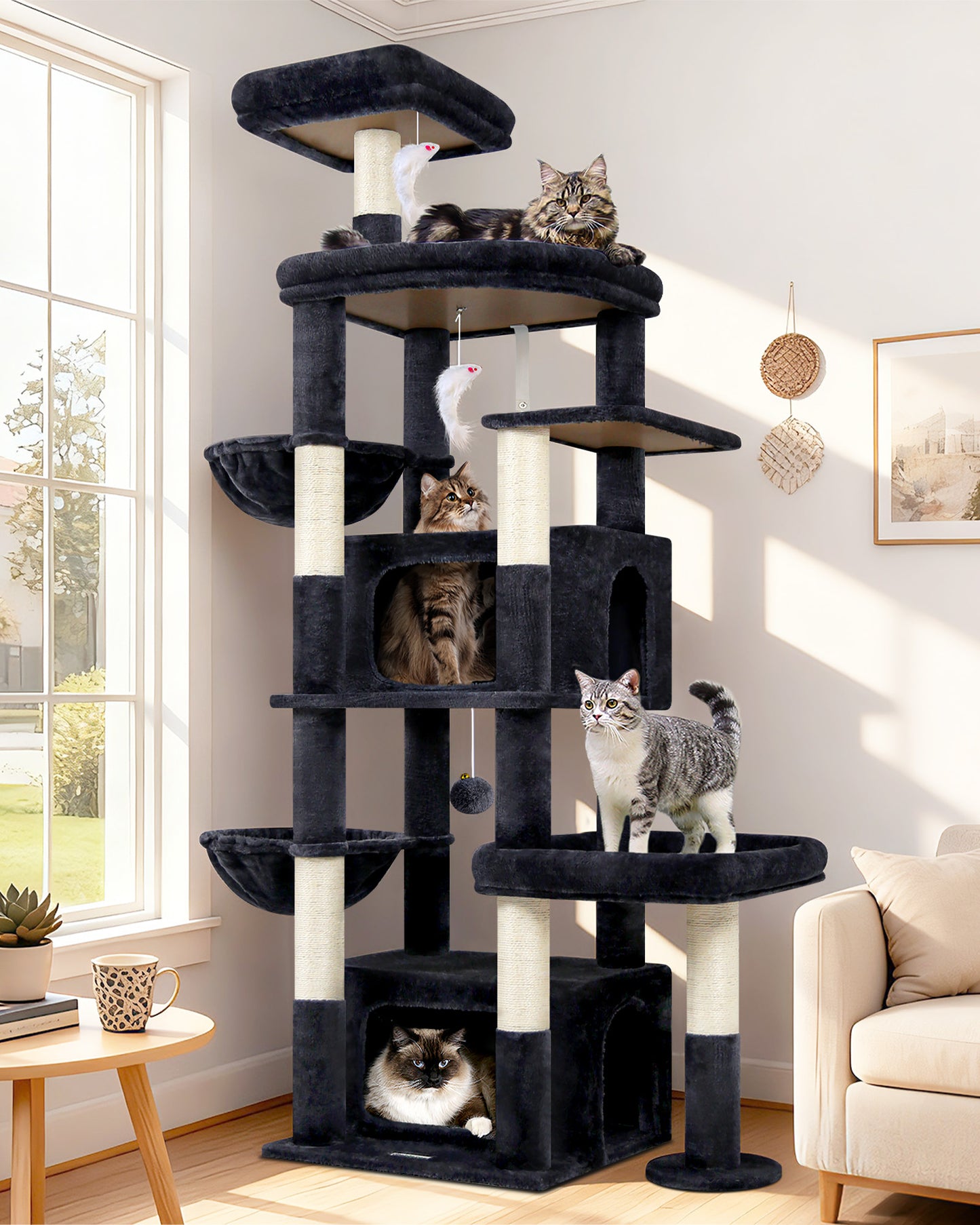 Globlazer 75in Sturdy Cat Tree for Large Cats, Heavy Duty Multi-Level Cat Tower for Indoor Cats with Extended Platform, 2 Spacious Condos, 2 Padded Perches, 6 Sisal Scratching Posts, S75, Dark Grey