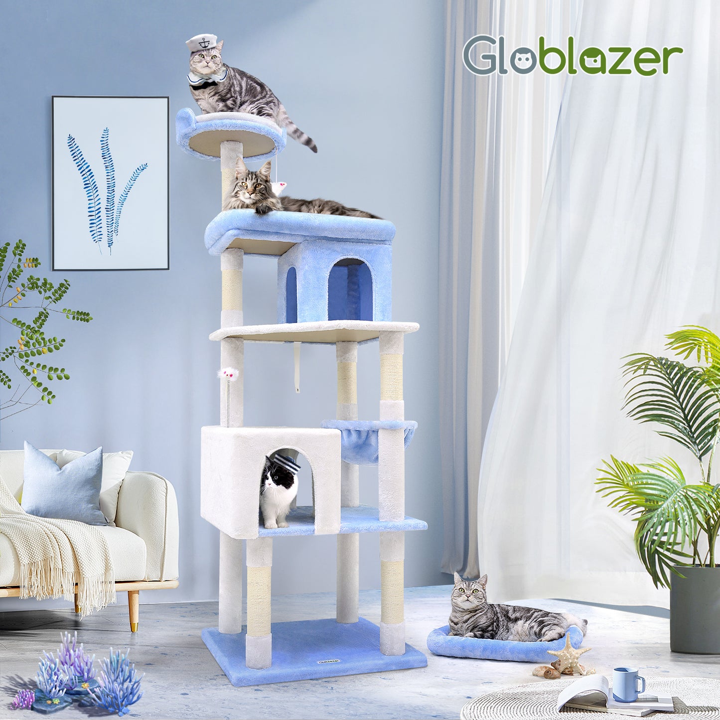 Globlazer Heavy Duty Cat Trees for Large Cats, Sturdy 72in Maine Coon Cat Tree for Large Cats 20 lbs+ Heavy Duty Cat Tower for Adult Biggest Cat with 6 Scratching Posts, Hammock, S72, Ocean Blue