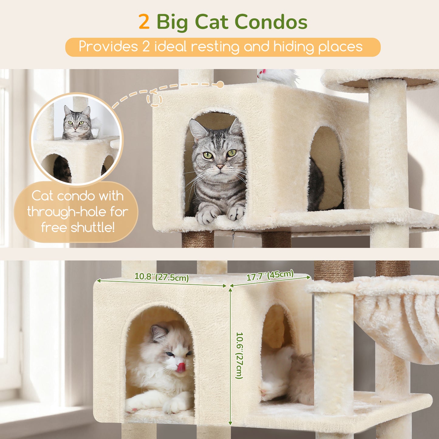 Globlazer Extra Large Cat Tree Tower, 82in Tall Heavy Duty Cat Tree for Indoor Cats Large Adult Big Cat Tower with 8 Scratching Posts, 2 Cat Condos, 2 Top Perches, 3 Hanging Baskets, S82, Beige
