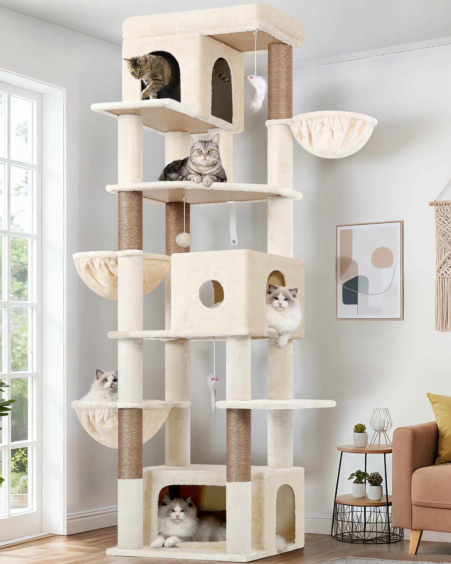 Globlazer Large Cat Tree 80 inch Multi-Level Tall Climbing Tower Kitty Condos Cat Scratching Tower for Indoor Multiple Adult Cats with Large Platform, 3 Cat Caves, 3 Hanging Baskets, F80F, Beige