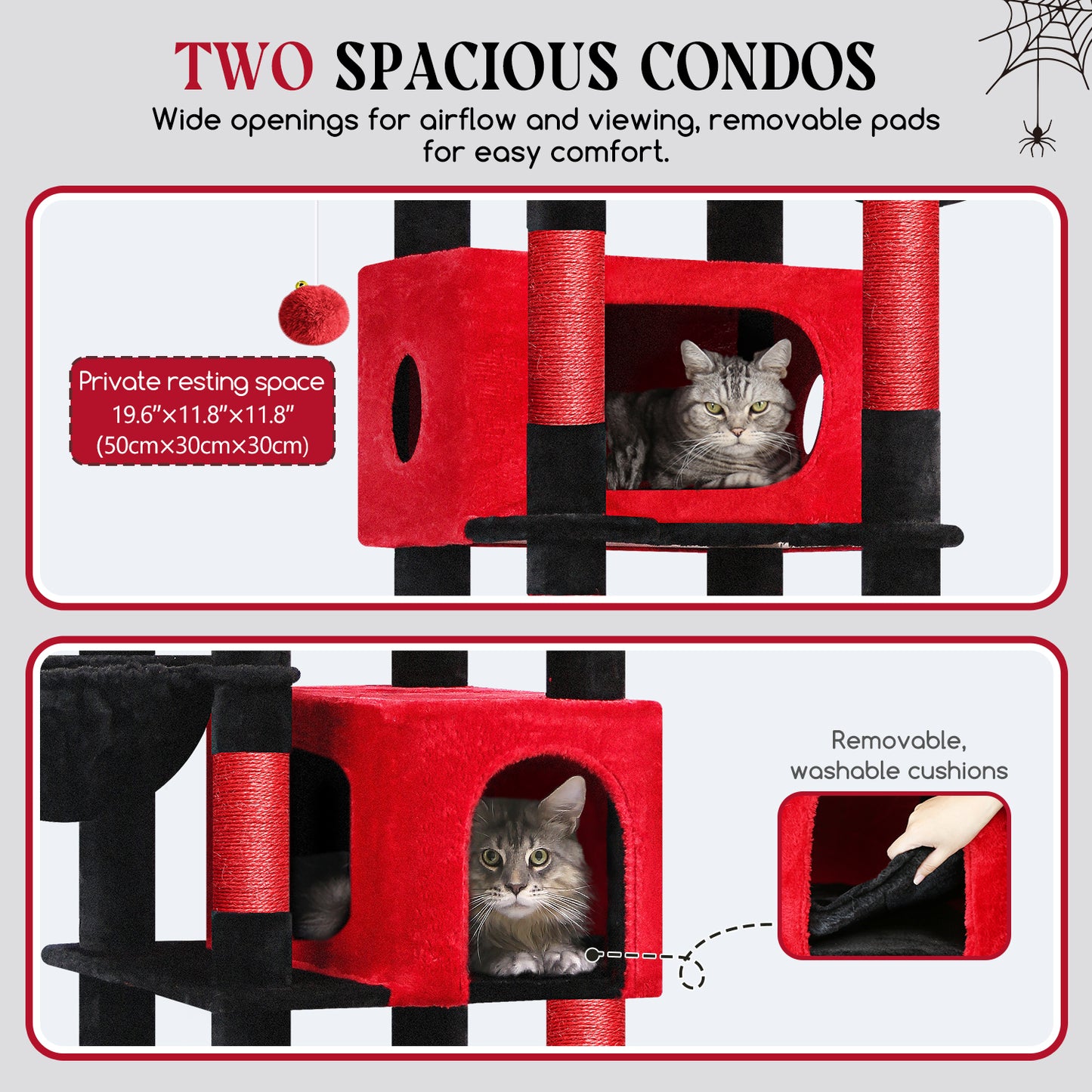 Globlazer Gothic Heavy Duty Cat Tree, 74in Sturdy Goth Cat Tower for Large Cats Adult Big Cat Tree with 7 Scratching Posts, 2 Padded Spacious Condos, 2 Hanging Baskets, Enlarged Perch, S74, Red Black
