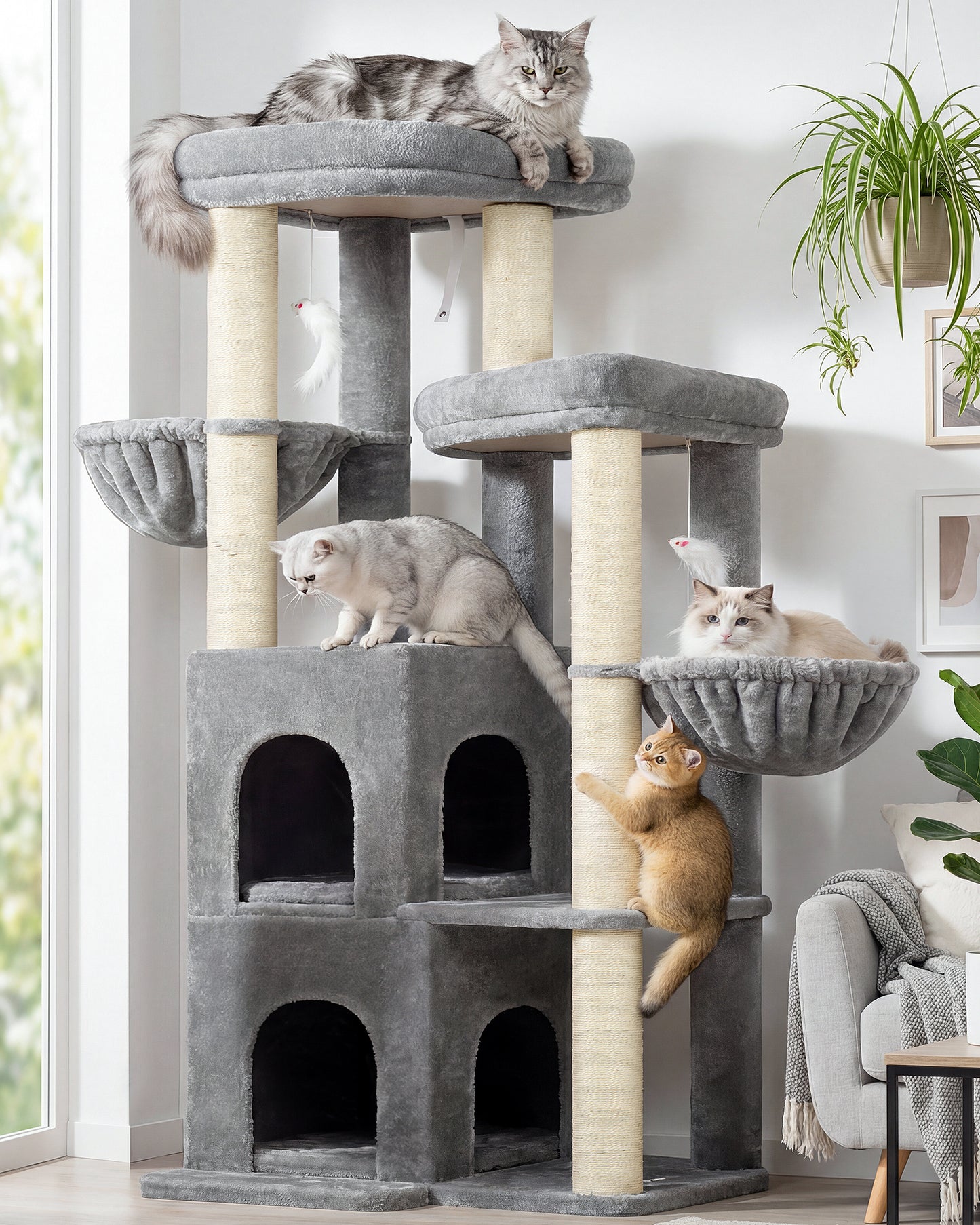 Globlazer Cat Tree Tower for Indoor Cats, 63 inch Sturdy Adult Cat Tree House for Large Adult Cats with 2 Platform, 6 Cat Scratching Post, 2 Cat Caves, Dangling Toys, S63, Light Grey
