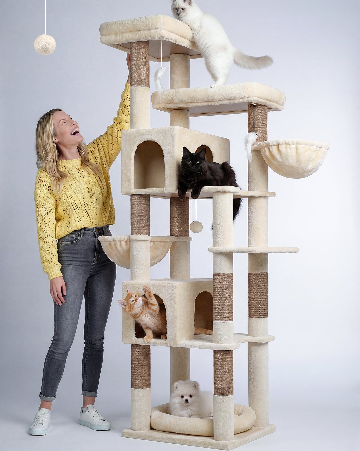 Globlazer Heavy Duty Cat Tree, 81 inch Extra Large Cat Tree for Indoor Cats Large Adult, Sturdy Cat Tower with 8 Scratching Post, 2 Cat Condos, 2 Platform, S81C, Beige