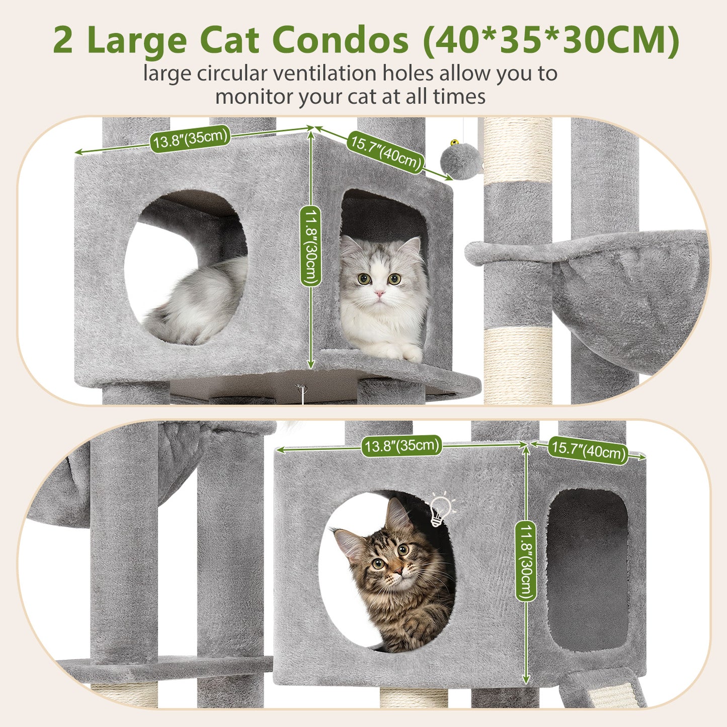 Globlazer 72" Heavy Duty Cat Tree for Large Adult Cats, Multi-Level Cat Tower with 2 Cat Condo, 2 Perchs, 6 Scratching Posts, Sisal Scratching Board, Multiple Cats, Resting Play, S72E, Light Grey
