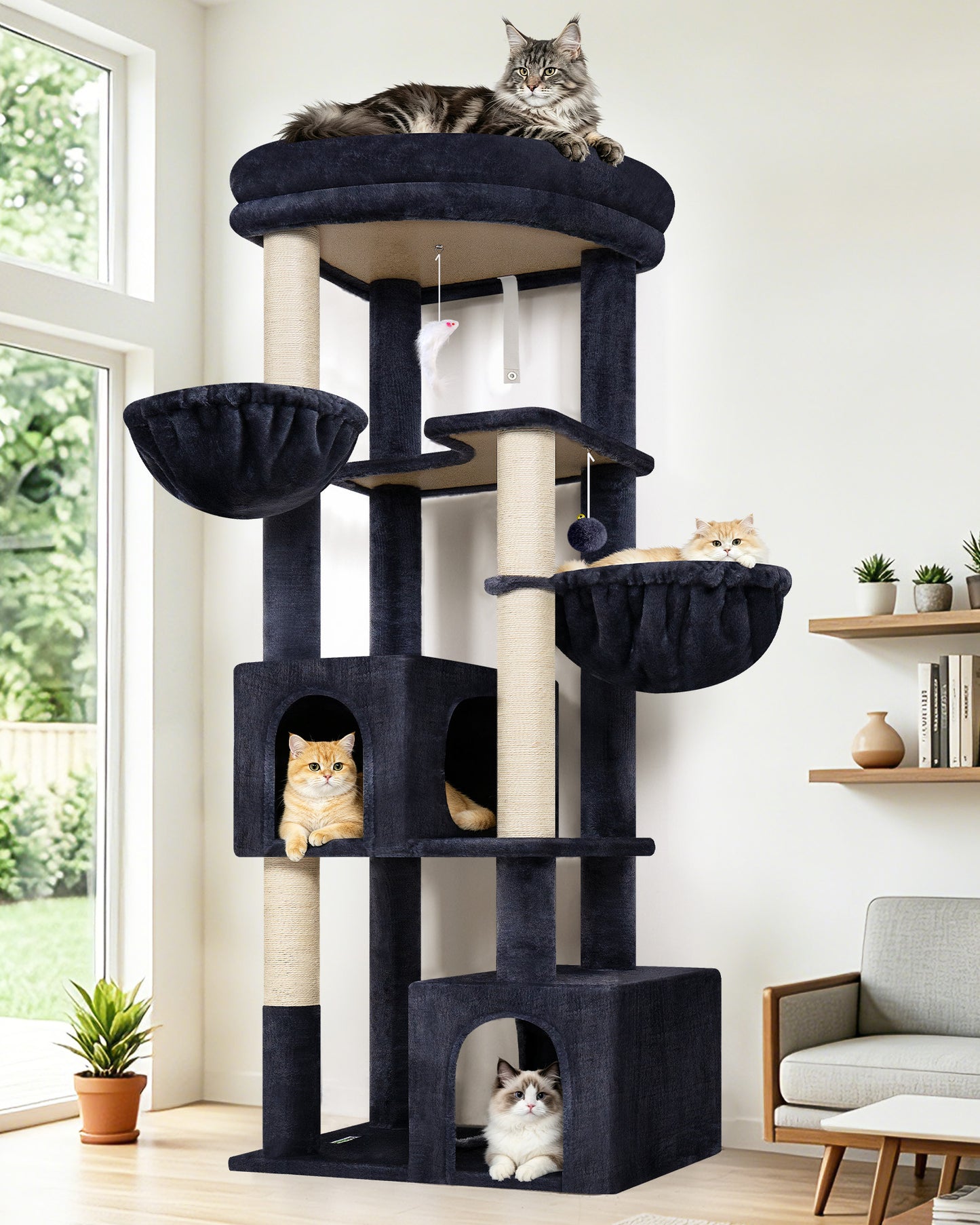 Globlazer Corner Cat Tree for Large Indoor Cats, 64in Space Saving Cat Tower with Enlarged Top Perch, 4 Scratching Posts, Multi-Level Cat Tree Tower with 2 Condos, 2 Hammocks, C64, Dark Grey