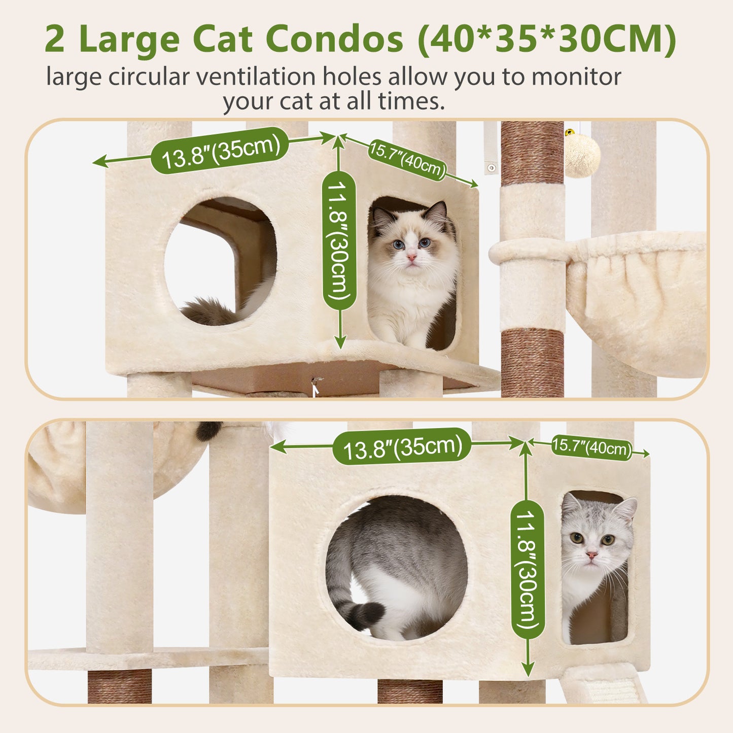 Globlazer 72" Heavy Duty Cat Tree for Large Adult Cats, Multi-Level Cat Tower with 2 Cat Condo, 2 Perchs, 6 Sisal Scratching Posts, Sisal Scratching Board, Multiple Cats, Resting Play, S72E, Beige