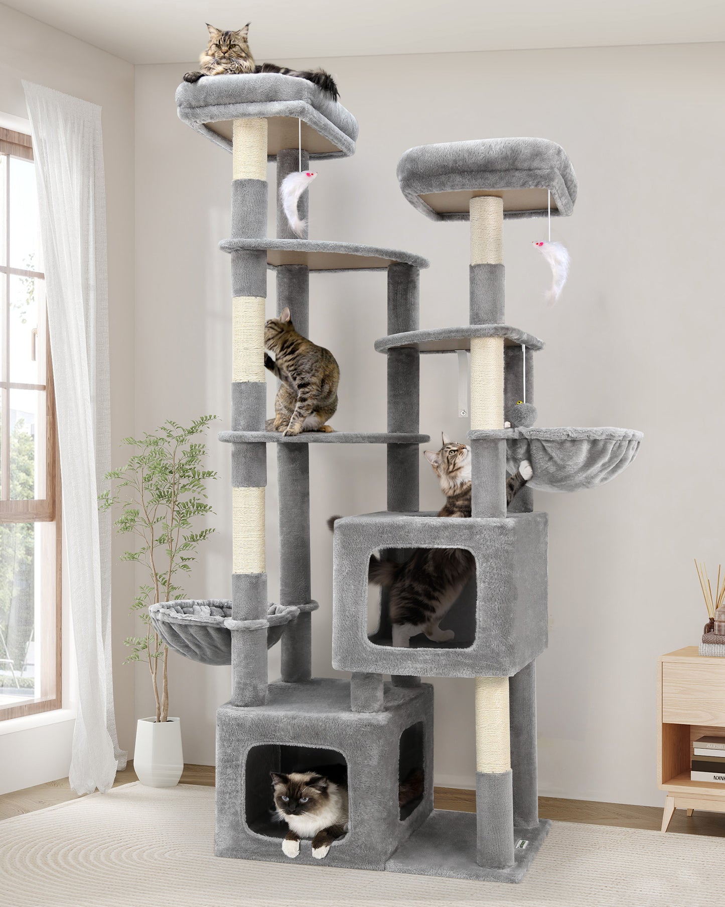 Globlazer 74In Sturdy Cat Tree for Large Cats, Heavy Duty Multi-Level Tall Cat Tree Tower for Multiple Indoor Adult Cats with Scratching Posts, 2 Cat Condos, 2 Top Perches, S74E, Light Grey