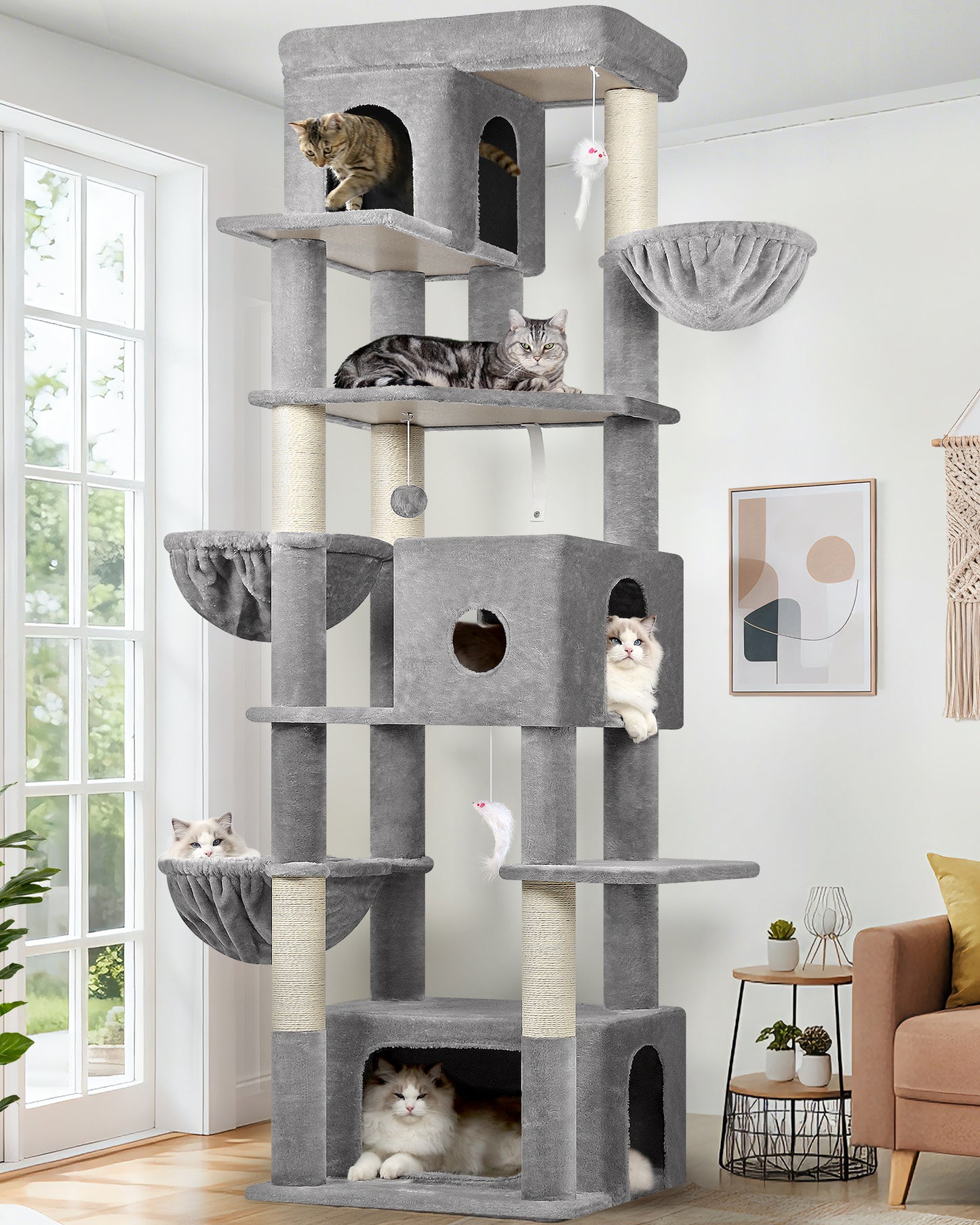 Globlazer Large Cat Tree 80 inch Multi-Level Tall Climbing Tower Kitty Condos Cat Scratching Tower for Indoor Multiple Adult Cats with Large Platform, 3 Cat Caves, 3 Hanging Baskets, F80F, Light Grey
