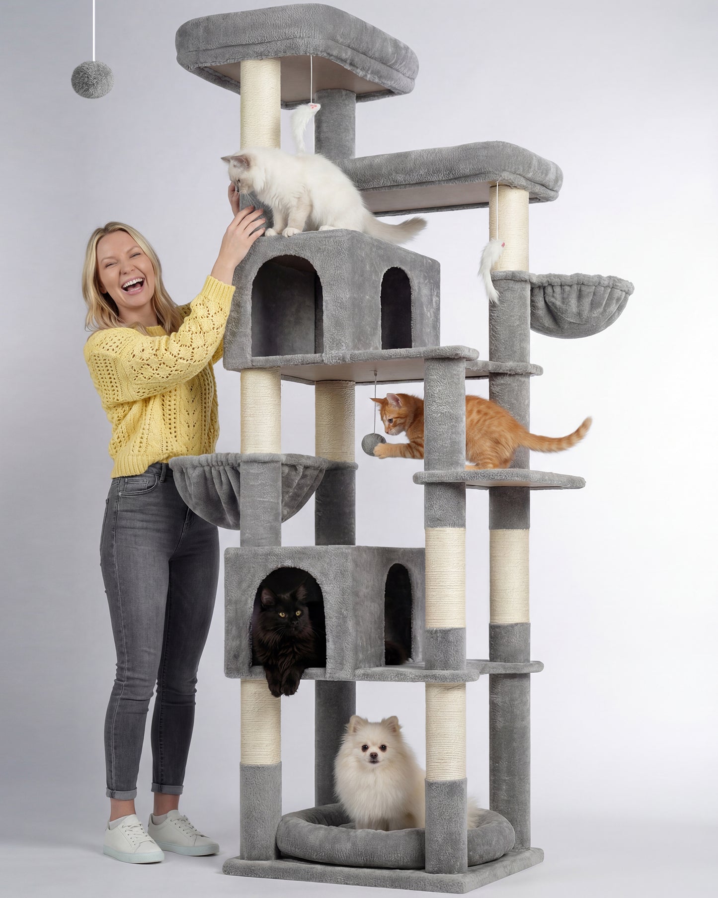Globlazer Heavy Duty Cat Tree, 81 inch Extra Large Cat Tree for Indoor Cats Large Adult, Sturdy Cat Tower with 8 Scratching Post, 2 Cat Condos, 2 Platform, S81C, Light Grey