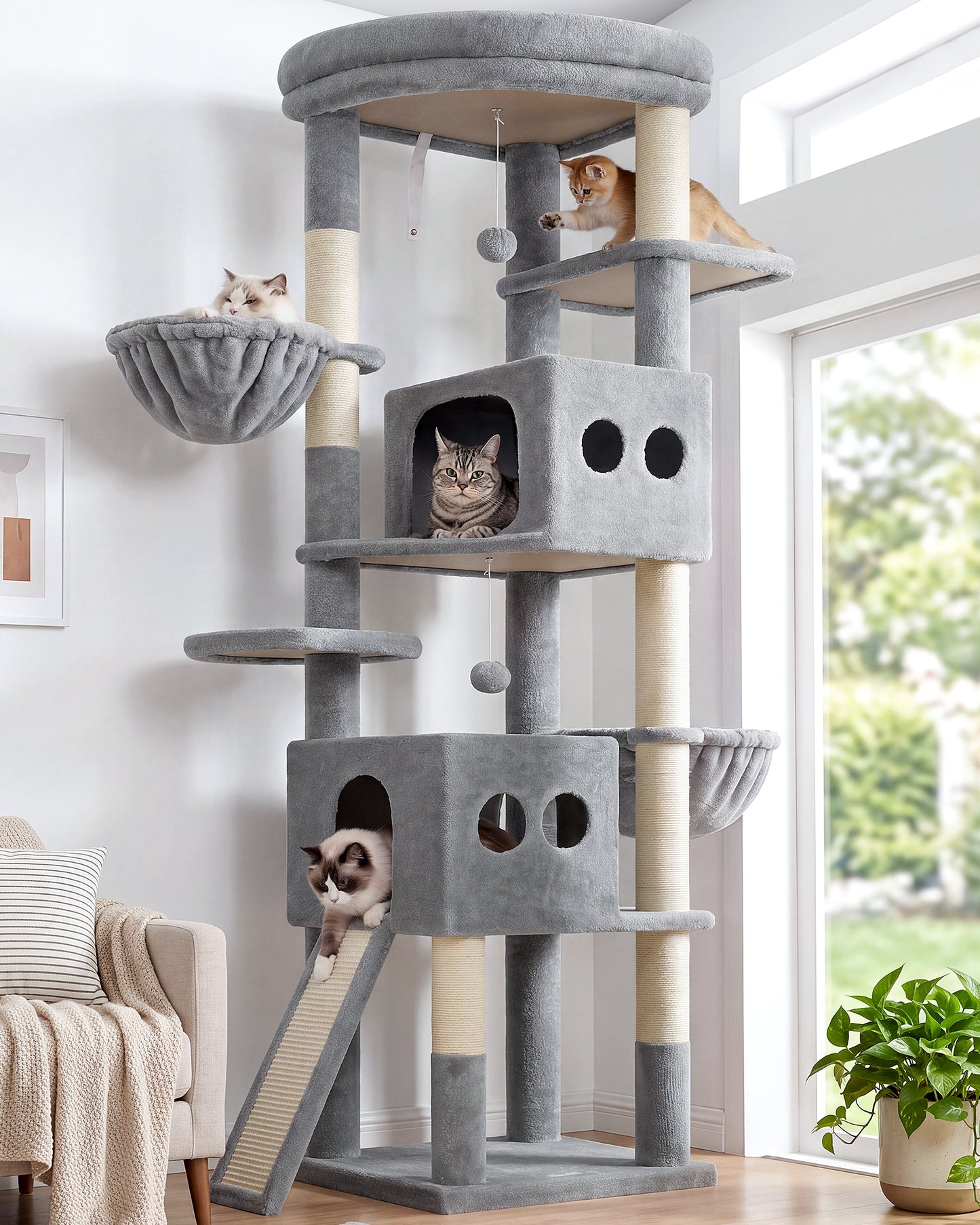 Globlazer 74in Tall Cat Tree for Indoor Cats Large Adult, Sturdy Heavy Duty Cat Tree Tower with 7 Scratching Posts for Multiple Cats, 2 Spacious Condos, 2 Hanging Baskets, S74G, Light Grey