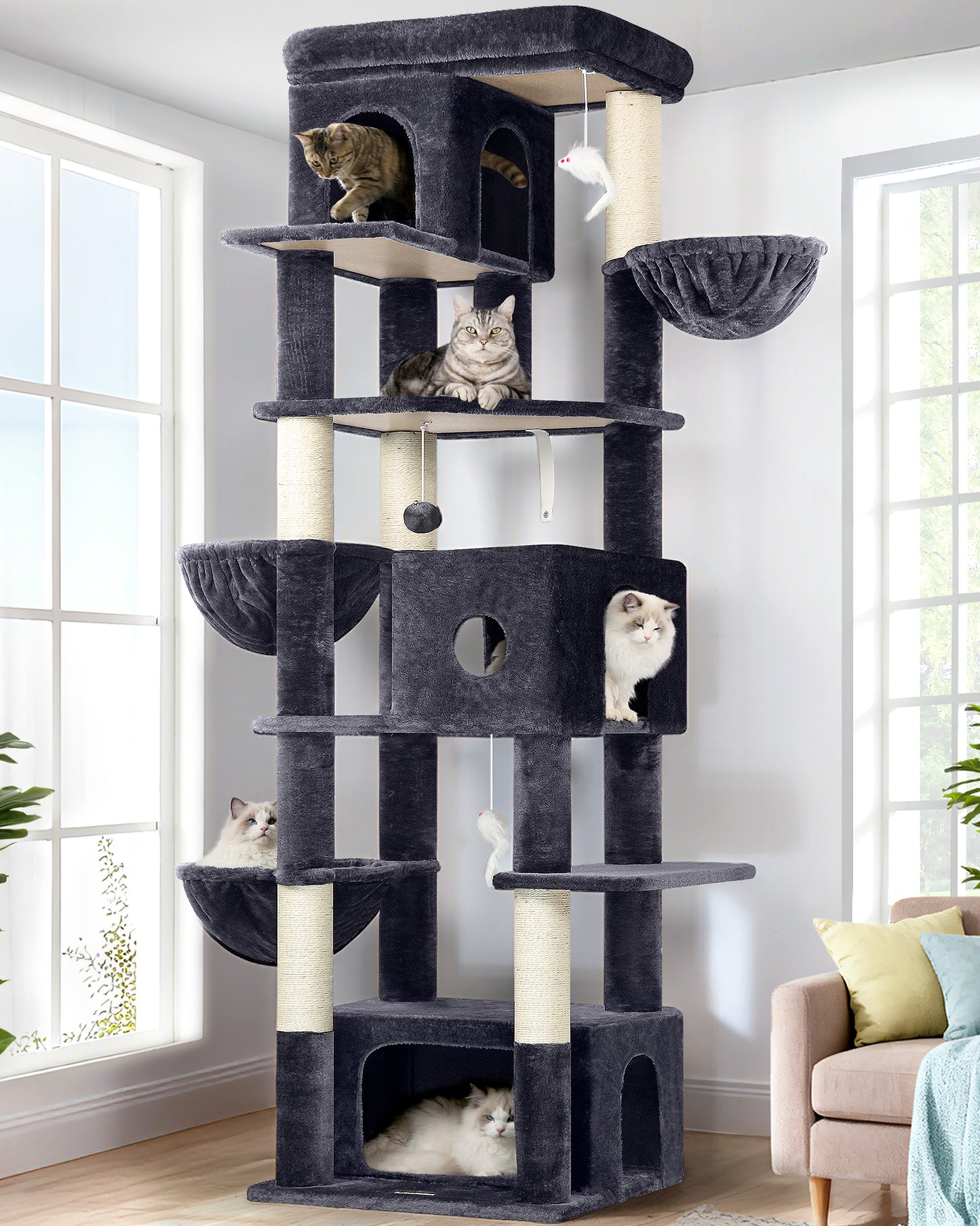 Globlazer Large Cat Tree 80 inch Multi-Level Tall Climbing Tower Kitty Condos Cat Scratching Tower for Indoor Multiple Adult Cats with Large Platform, 3 Cat Caves, 3 Hanging Baskets, F80F, Dark Grey