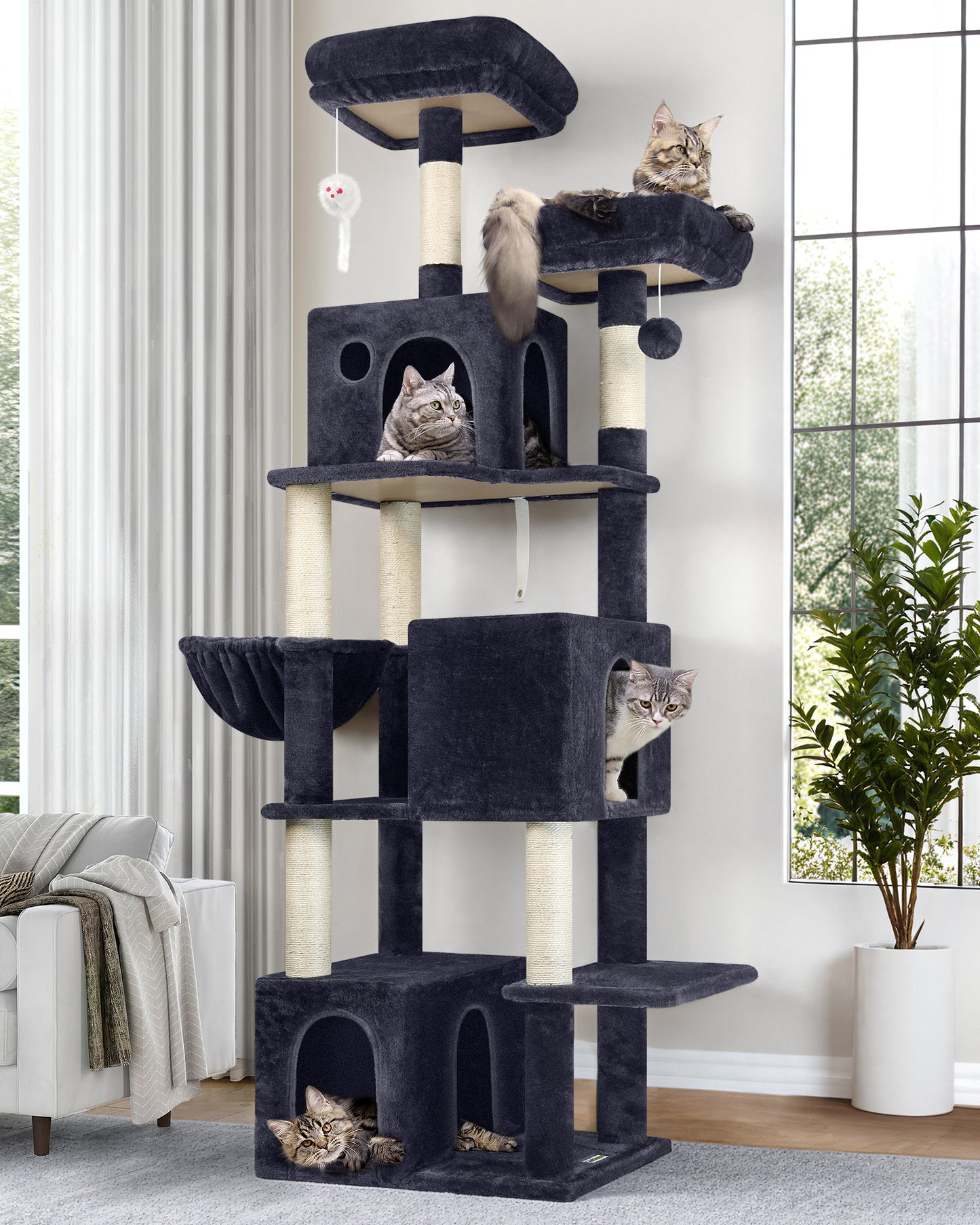 Globlazer Cat Tree Tall, 71 inches Cat Tower for Indoor Adult Cats Multi-Level 3 Condos for Indoor Cats XL Cat Tree Tower with Scratching Posts, Soft Extra Large Hanging Basket, F71, Dark Gray