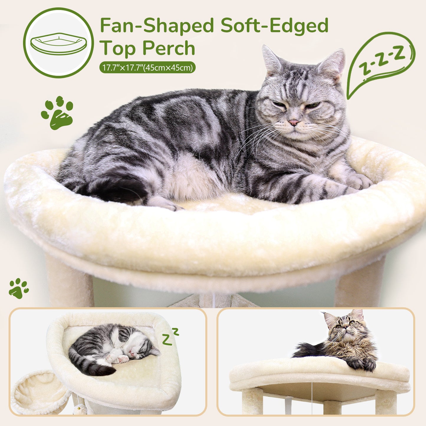 Globlazer Corner Cat Tree Tower with Scratching Post for Indoor Cats, 51in Plush Multi-Level Cat Tower with Large Hammock, Fan-Shaped Padded Perch, Spacious Cat Condo, Hanging Basket, C51, Light Beige