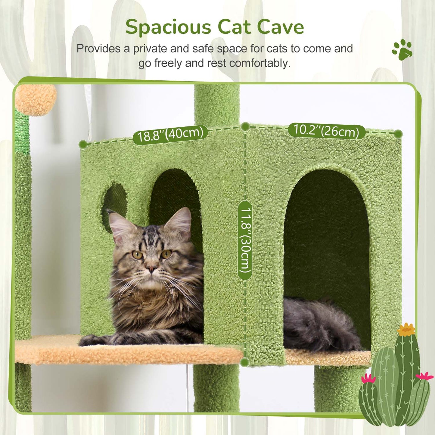Globlazer Cactus Cat Tree Tower with 5 Scratching Post for Indoor Cats, 53inch Tall Plush Multi-Level Cat Climbing Tower Condo House with Large Hammock, Spacious Cat Cave, Padded Top Perch, F53, Green