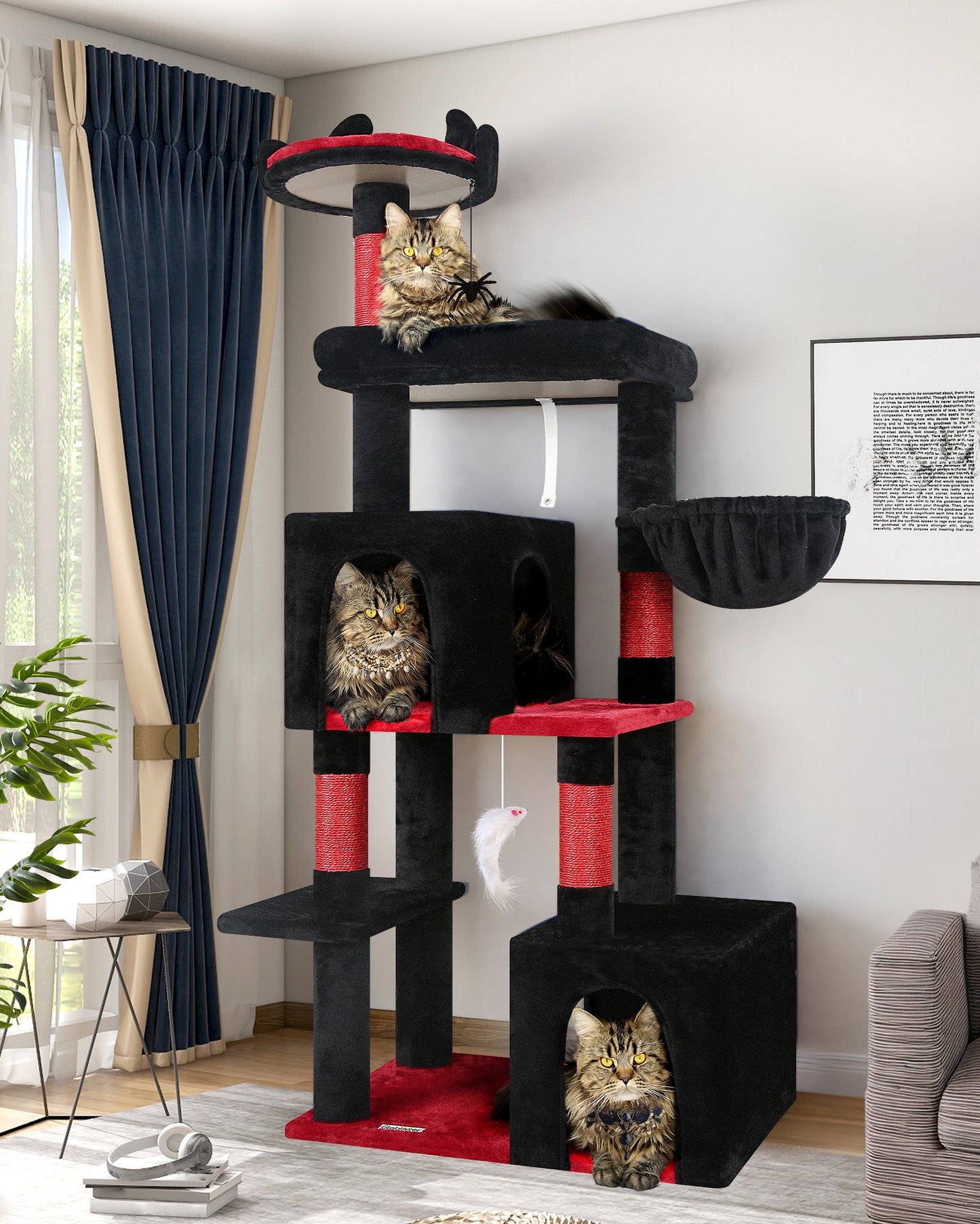 Globlazer Gothic Cat Tree, 62in Goth Cat Tower Kitty Cat Climbing Tower with Large Platform for Indoor Cats, Scratching Posts, Cozy Caves, F62, Black
