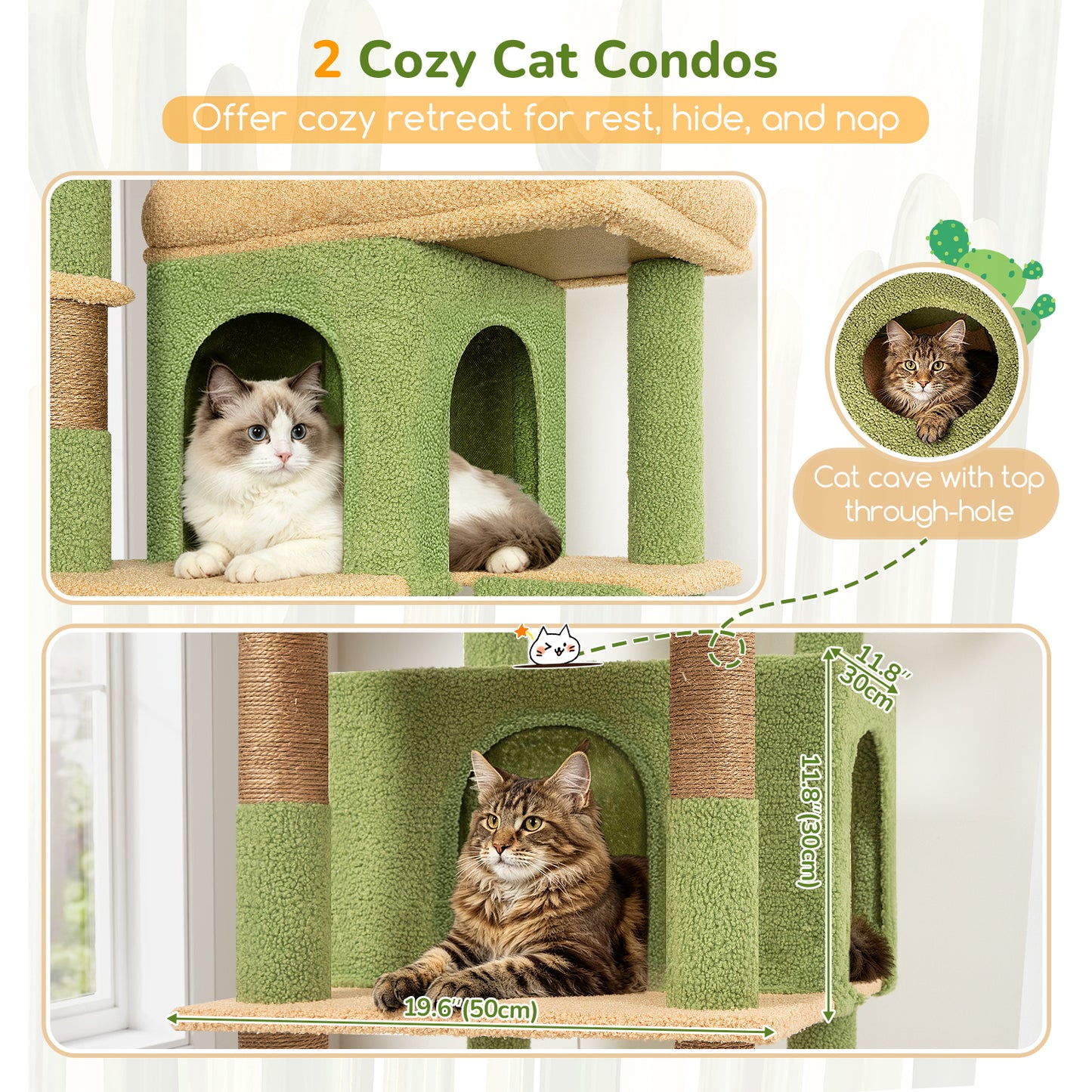 Globlazer Large Cactus Cat Tree Tower, 80in XXL Tall Cat Tree for Multiple Indoor Cats Large Adult Kittens with Scratching Posts and Board, 3 Soft Baskets, 2 Plush Perches, 2 Cozy Condos, S80G, Green