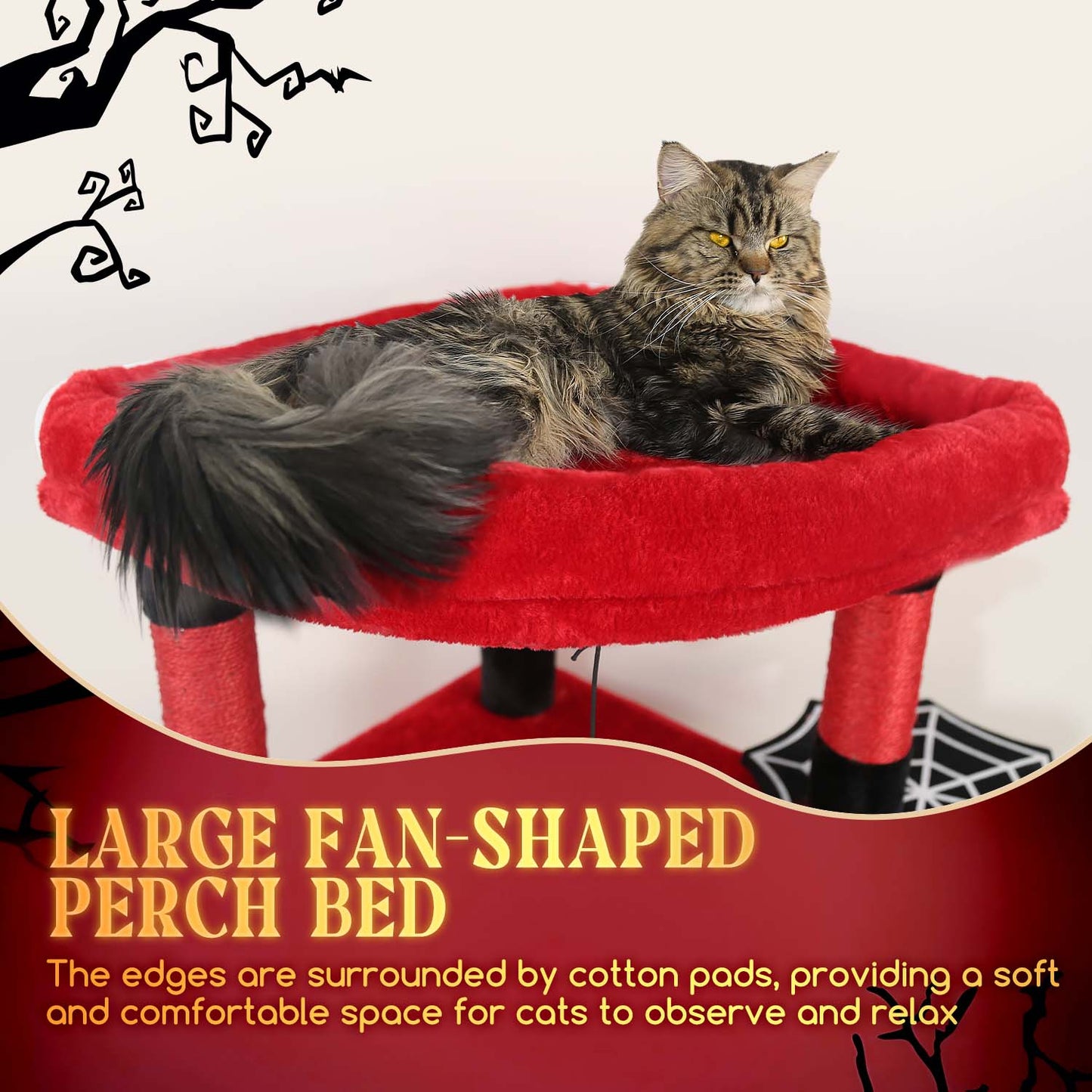 Globlazer Gothic Corner Cat Tree Tower with Scratching Post for Indoor Cats, 51inch Goth Cat Condo Tower with Large Hammock, Fan-Shaped Padded Perch, Spacious Cat Cave, Hanging Basket, C51, Red Black