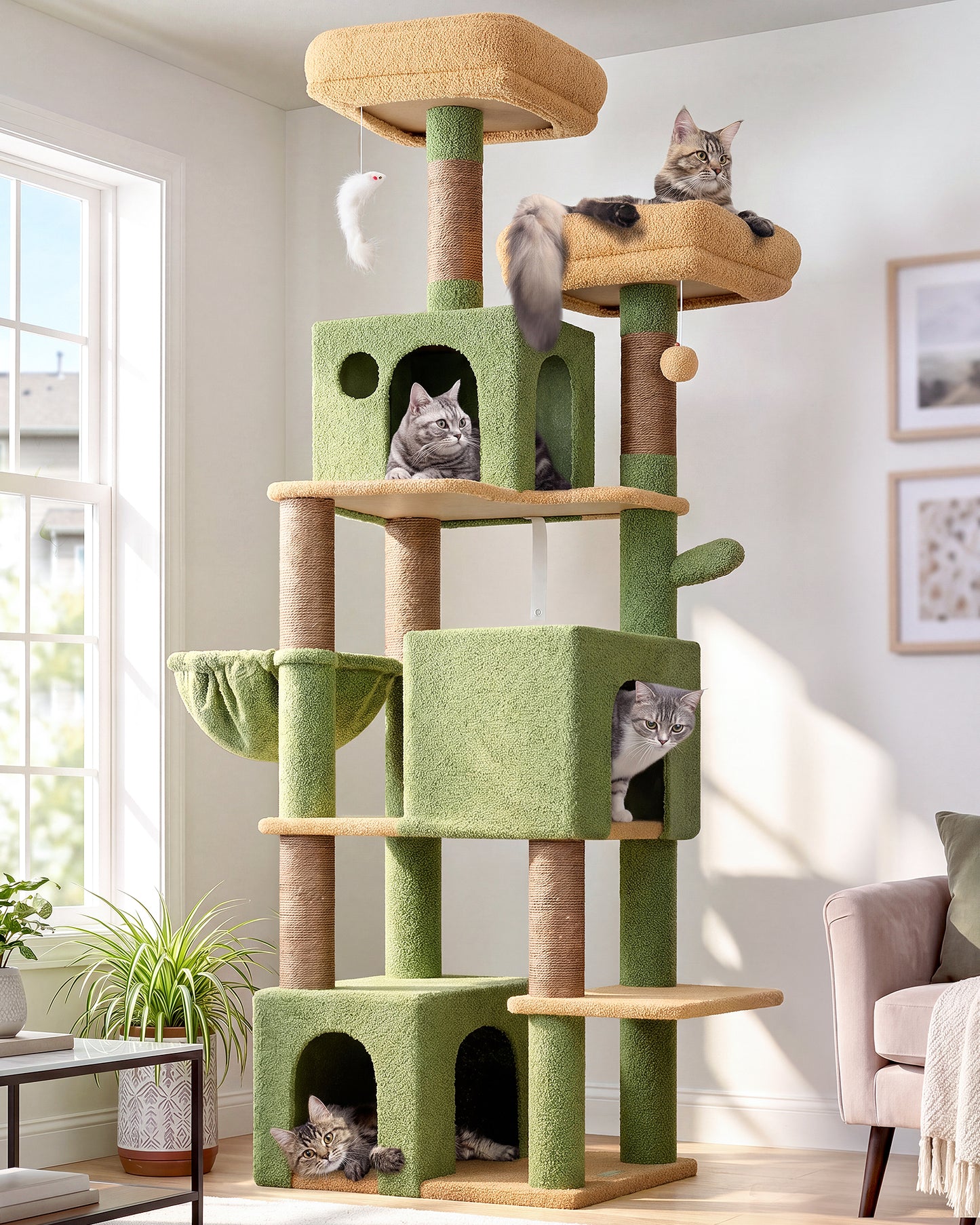 Globlazer Cactus Cat Tree Tall, 71 inches Cat Tower for Indoor Adult Cats Multi-Level 3 Condos for Indoor Cats XL Cat Tree Tower with Scratching Posts, Soft Extra Large Hanging Basket, F71, Green