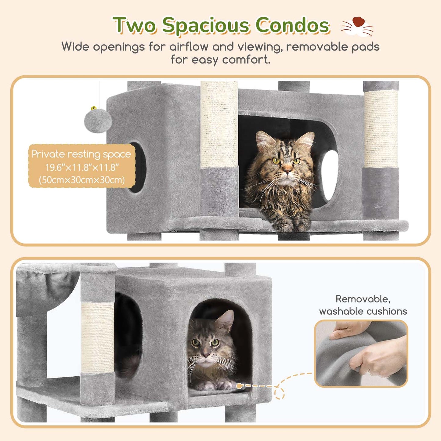 Globlazer Extra Large Cat Tree Tower for Indoor Cats, 74inch Tall Cat Tree Tower for Large Cats Adult with 5 Scratching Posts, 2 Spacious Condos, 2 Big Hanging Baskets, Enlarged Perch, S74, Light Grey