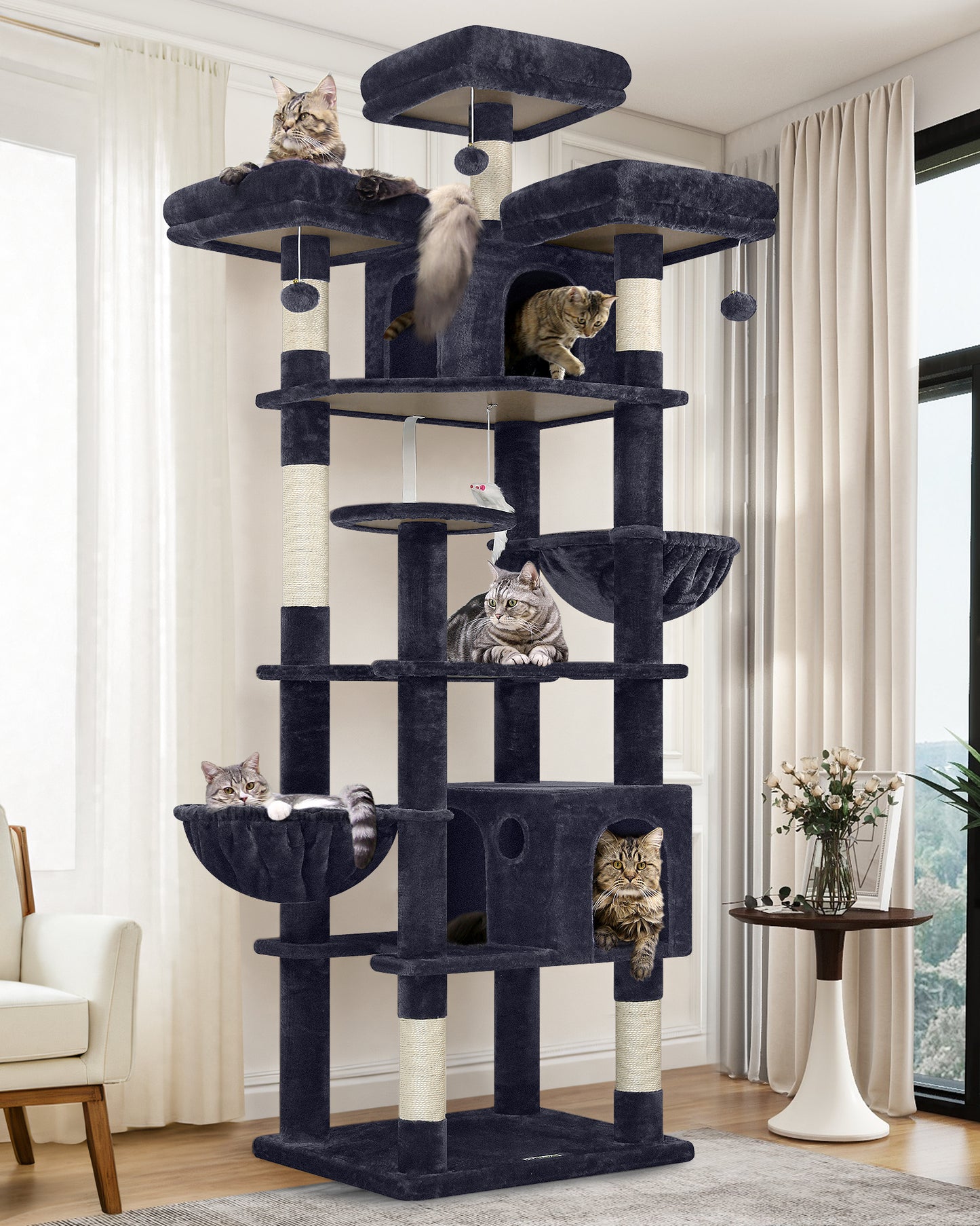 Globlazer Cat Trees and Towers for Multiple Adult Cats, 82-inch XXL Tall Cat Tree Tower for Indoor Cats with Scratching Post, 3 Perches, 2 Condos, 2 Hanging Baskets, F82, Dark Grey