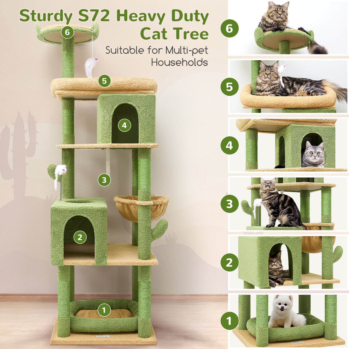 Globlazer Heavy Duty Cactus Cat Trees for Large Cats, Sturdy 72in Maine Coon Cat Tree for Large Cats 20 lbs+ Heavy Duty Cat Tower for Adult Biggest Cat with 6 Scratching Posts, Hammock, S72, Green