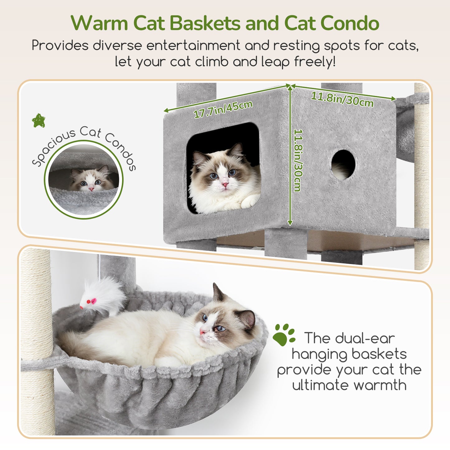 Globlazer Giant Cat Tree, 83 Inch Heavy Duty Tall Cat Tower with 7 Scratching Posts, Multi-Level Large Cat Condo for Indoor Cats Large Adult , 2 Perchs, 3 sturdy Baskets, Cat Toys, F83C, Light Grey