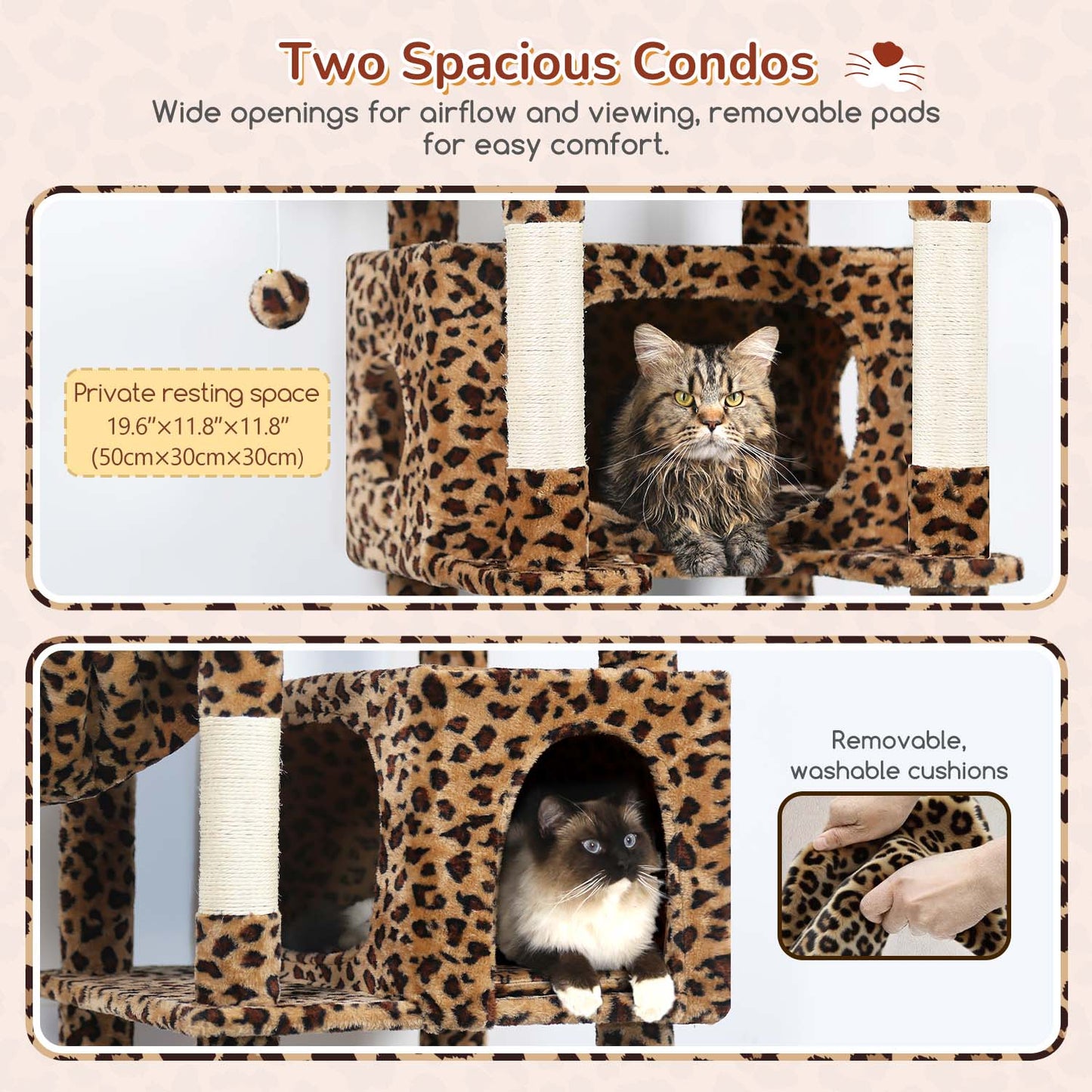 Globlazer S74 Heavy Duty Cat Tree, 74inch Sturdy Cat Tower for Large Cats Adult, Big Cat Tree with 5 Sisal Scratching Posts, 2 Padded Cat Condos, 2 Hanging Baskets, Enlarged Top Perch, Leopard Print