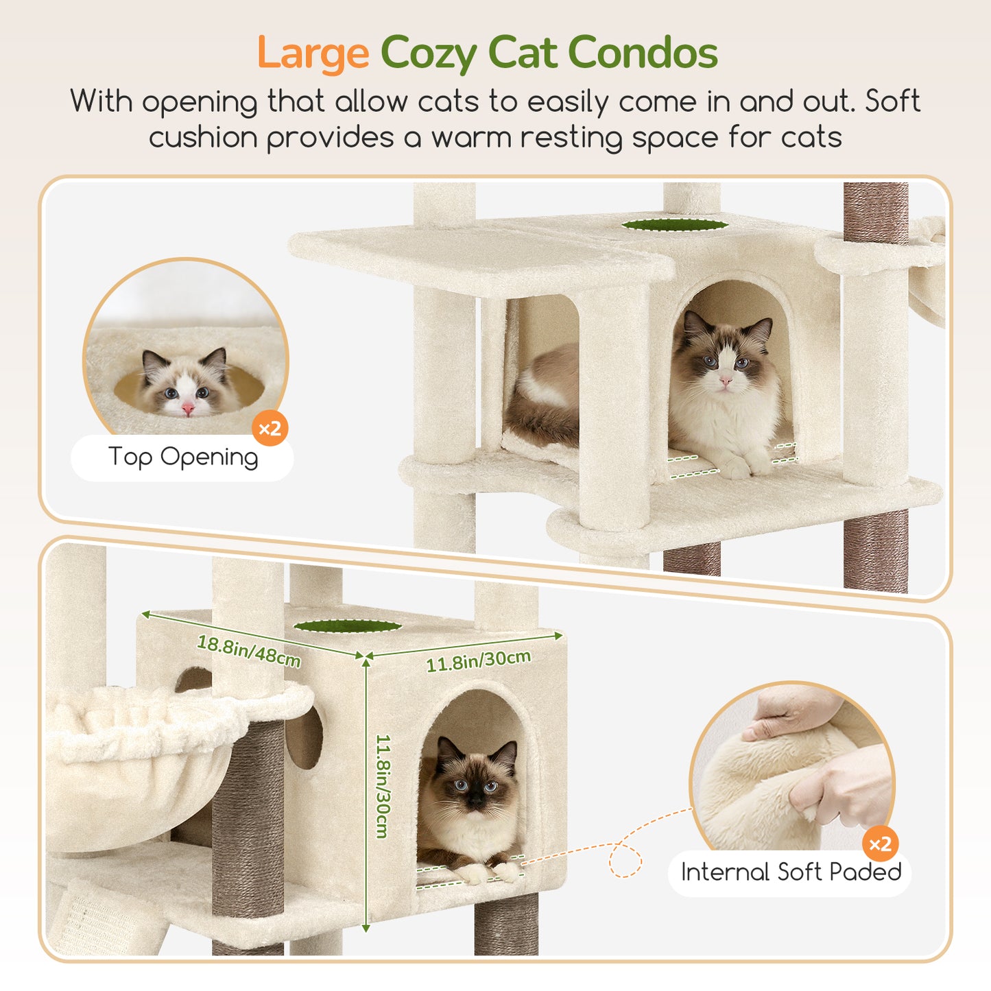 Globlazer Extra Large Cat Tree, 78 inch Sturdy Tall Cat Tree Tower for Indoor Multiple Large Adult Cats Kittens with 6 Scratching Posts, Enlarged Top Perch, 2 Padded Condos, S78G, Beige