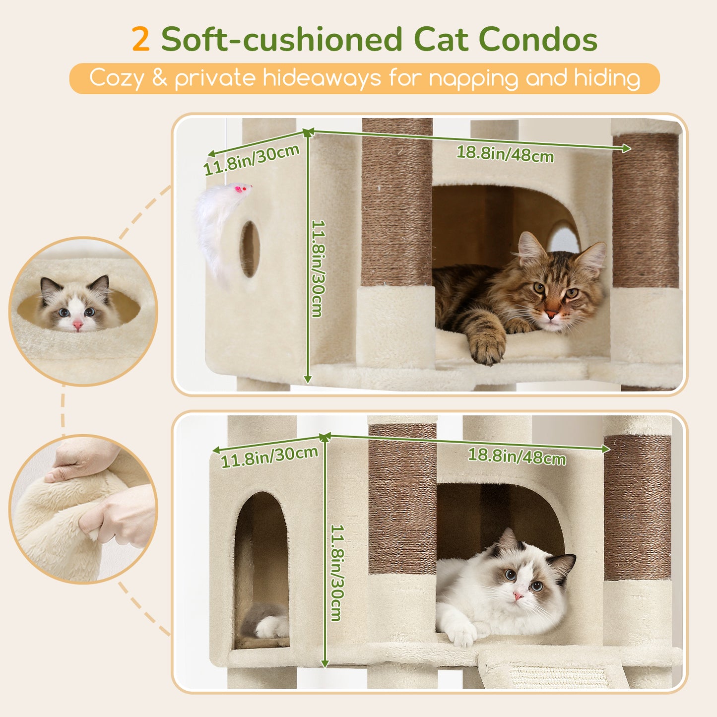 Globlazer Extra Large Heavy Duty Cat Tree, 80in Tall Sturdy Cat Tree Tower for Multiple Indoor Cats Large Adult with Scratching Posts, 2 Spacious Condos with Padding, 2 Soft Perches, S80C, Beige