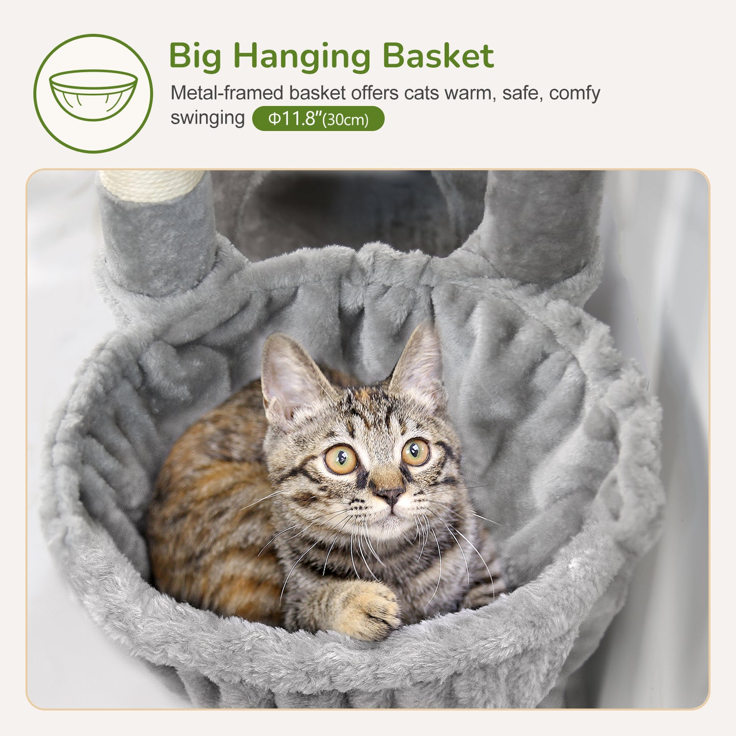 Globlazer Cat Tower for Indoor Cats, 52in Multi-Level Cat Tower with 5 Sisal Scratching Posts, Cat Tree House with 2 Padded Perches, 2 Cozy Condos, Big Hanging Basket, Hanging Toys, S52, Light Gray
