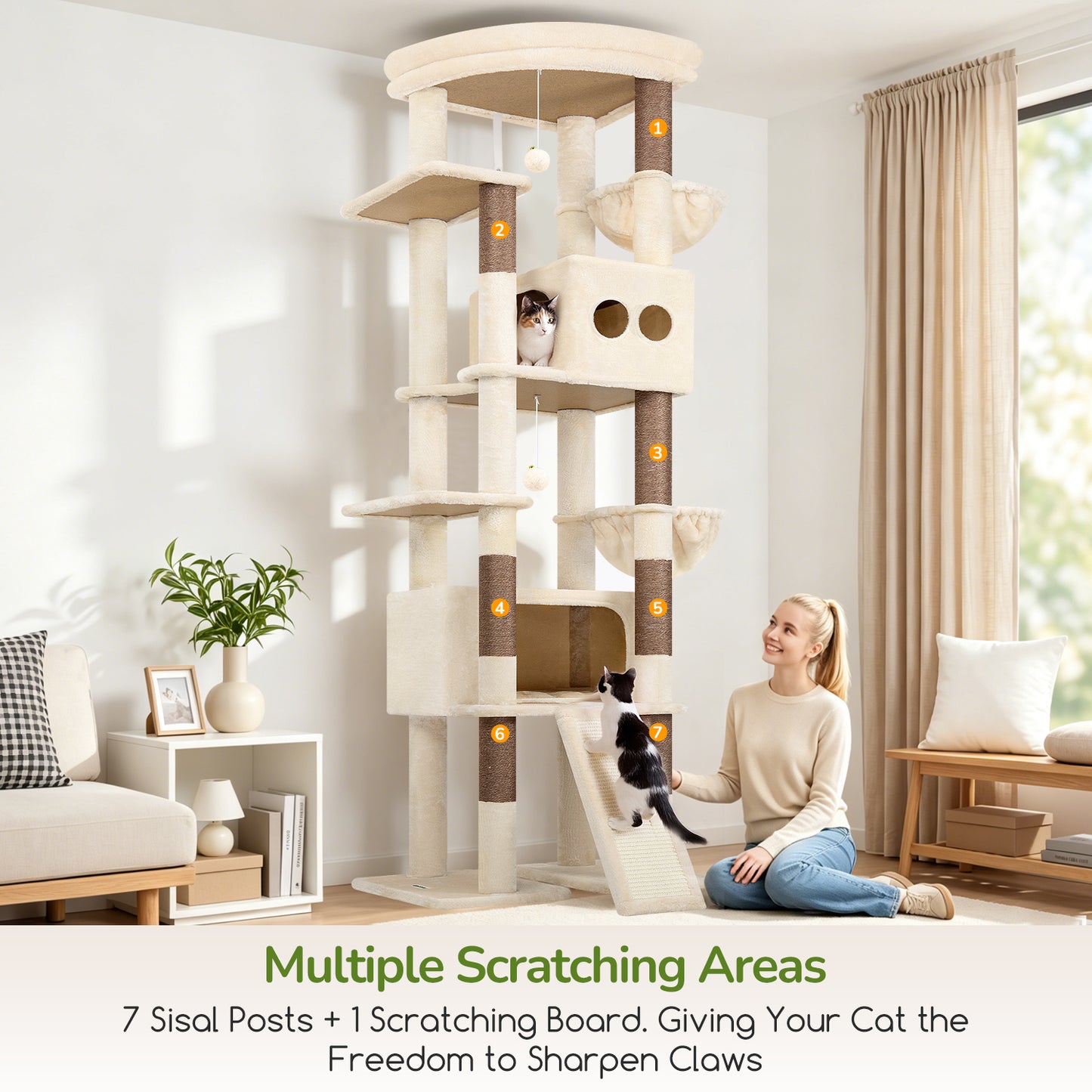 Globlazer Extra Tall Large Cat Tree, 84in Multi-Level Cat Climbing Tower for Indoor Cats Large Adult, Widened Condo with Scratch Board, 7 Scratching Posts, Padded Perch, Metal Basket, S84E, Beige