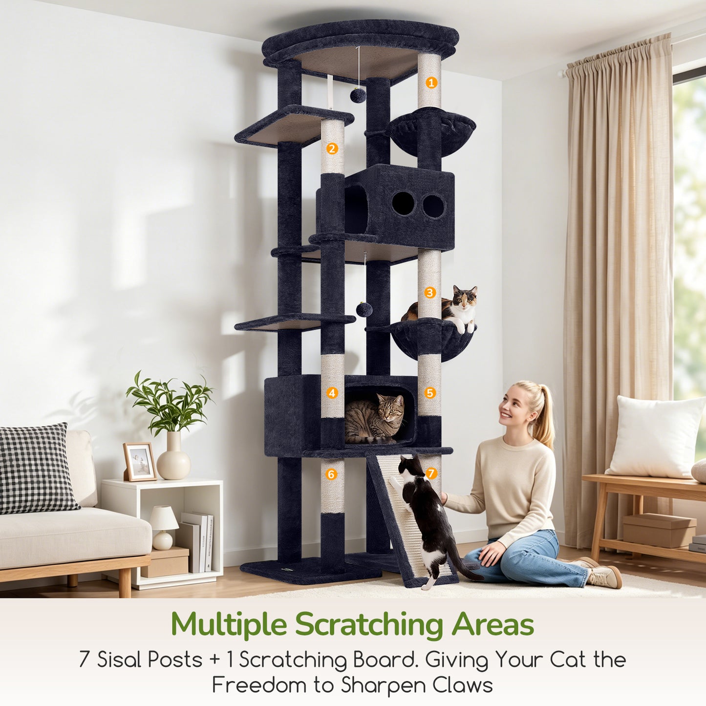 Globlazer Extra Tall Large Cat Tree, 84in Multi-Level Cat Climbing Tower for Indoor Cats Large Adult, Widened Condo with Scratch Board, 7 Scratching Posts, Padded Perch, Metal Basket, S84E, Dark Grey