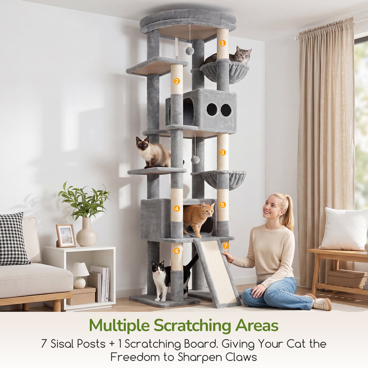 Globlazer Extra Tall Large Cat Tree, 84in Multi-Level Cat Climbing Tower for Indoor Cat Large Adult, Widened Condo with Scratch Board, 7 Scratching Posts, Padded Perch, Metal Basket, S84E, Light Grey