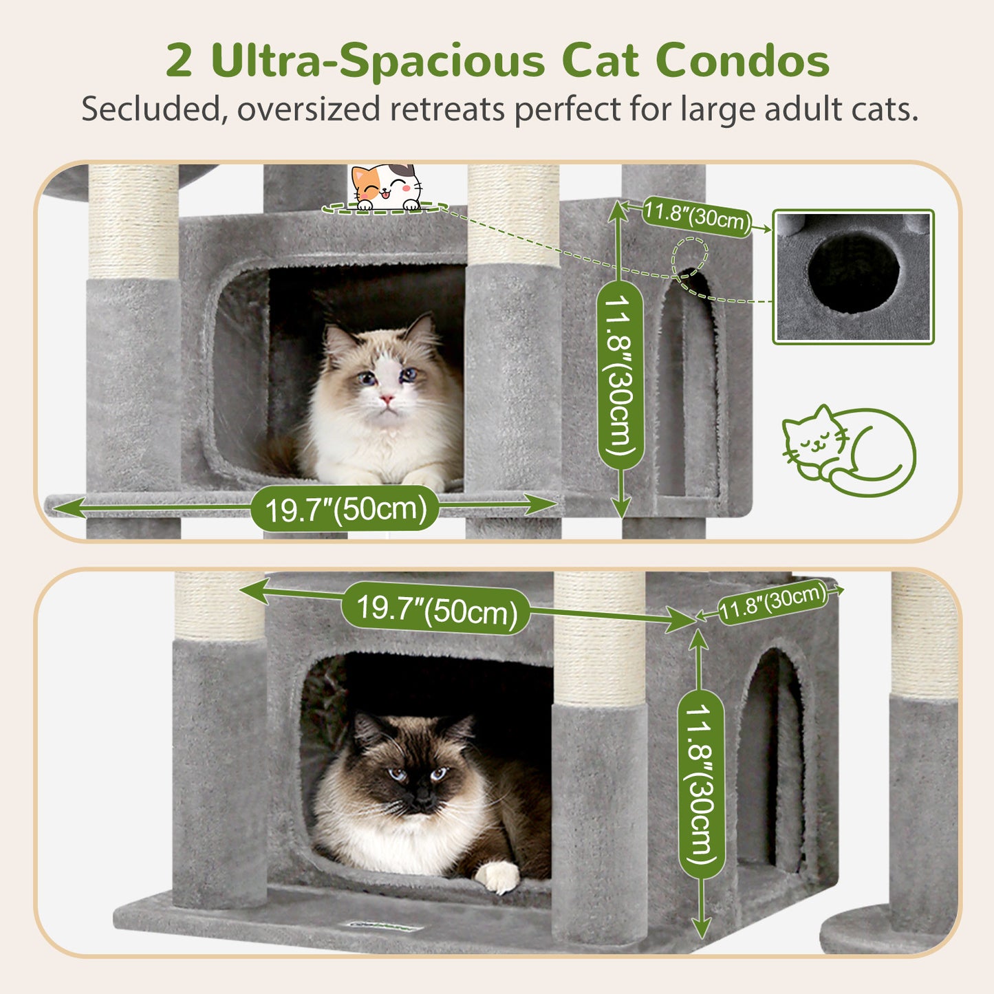 Globlazer 75in Sturdy Cat Tree for Large Cats, Heavy Duty Multi-Level Cat Tower for Indoor Cats with Extended Platform, 2 Spacious Condos, 2 Padded Perches, 6 Sisal Scratching Posts, S75, Light Grey