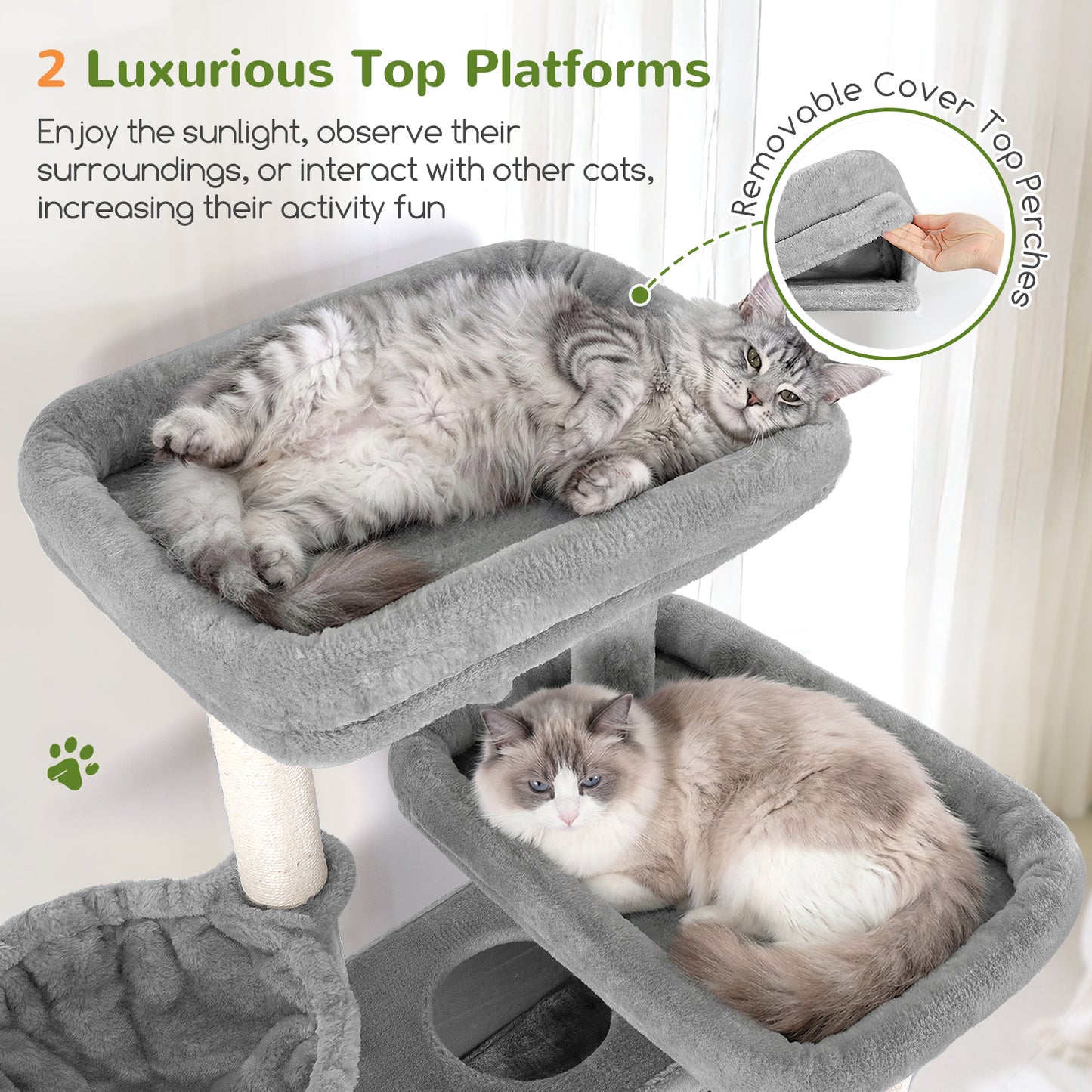 Globlazer Large Cat Tree, 72 inch Tall Cat Climbing Tower for Indoor Large Adult Cats Multi-Level Furniture Tree House with 2 Cozy Perches, 2 Padded Condos, 5 Sisal Scratching Posts, F72G, Light Grey