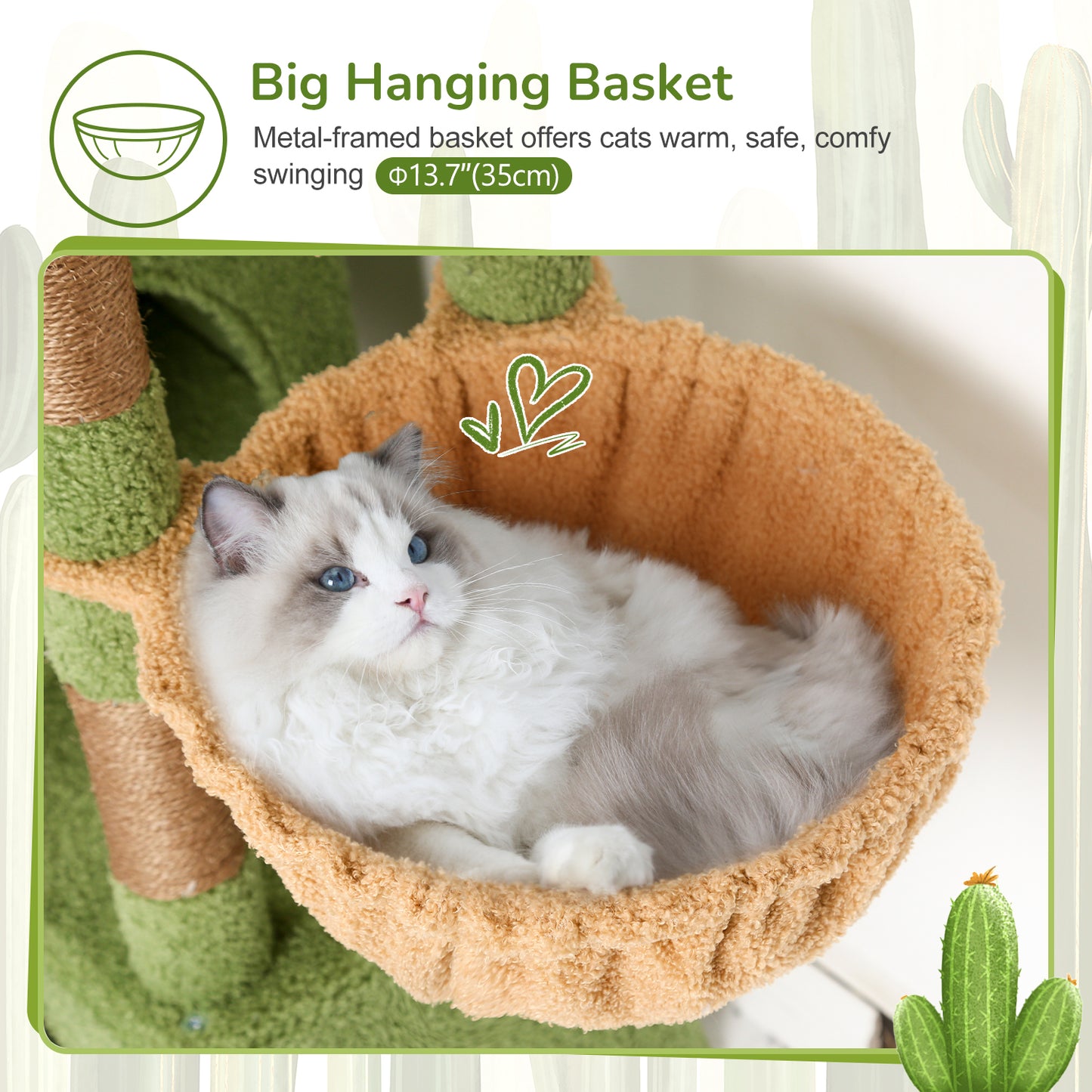 Globlazer Cactus Cat Tree Condo Tower for Indoor Cats, 52in Multi-Level Cat Scratching Tree with 2 Cat Condos, 5 Sisal Scratching Posts, 2 Padded Perches, Sturdy Basket, Widened Base, S52, Green